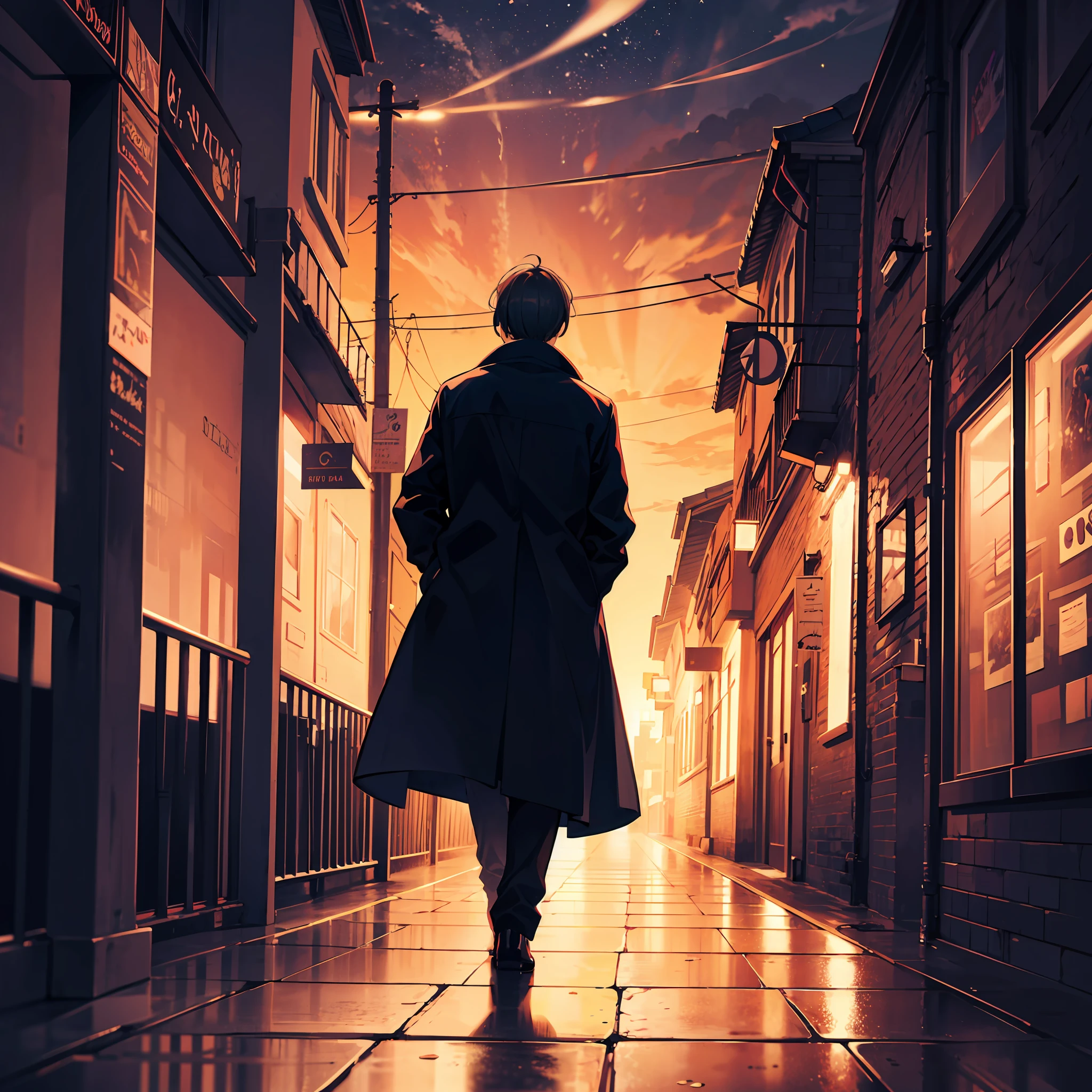 "A solitary figure strolling through a dimly-lit city street, gaze fixated upon the celestial canopy, yearning for the discovery of an affectionate connection." --auto