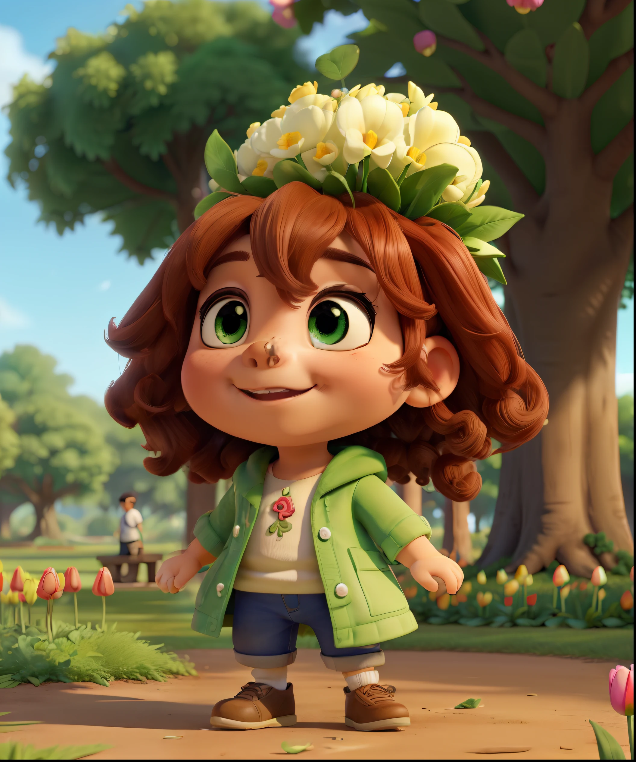 (Cute puppy:1.2), ssmile, Bushy smooth coat、personification, Mushroom cap on the head, rendered:(charicature:1.3,Production Movie, the pose:(Lively:1.2, amusing), modeled:(ultra-quality:1.2,8K,Orthographic view),tulips, blue-sky, for the background(A park full of greenery:1.1),｛Complex and ultra-detailed, Giuseppe Arcimboldo｝