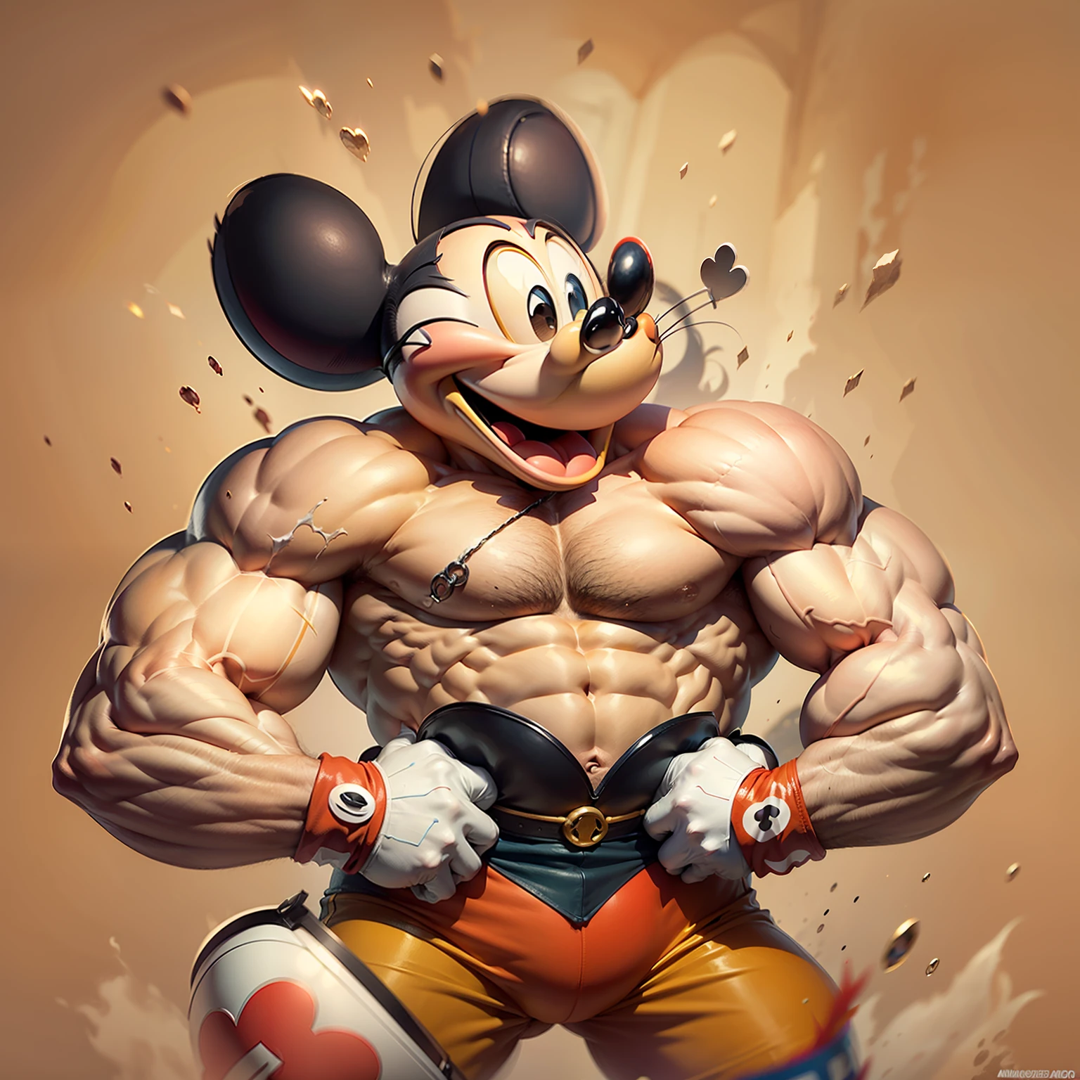 extremadamente detallado, calidad ultra-alta, un poderoso y (((musculoso))) Mickey Mouse with conceited and smug expression, who has large muscles, Huge muscles, rudo, amenzante, cara endemoniada de mickey, cara de locura