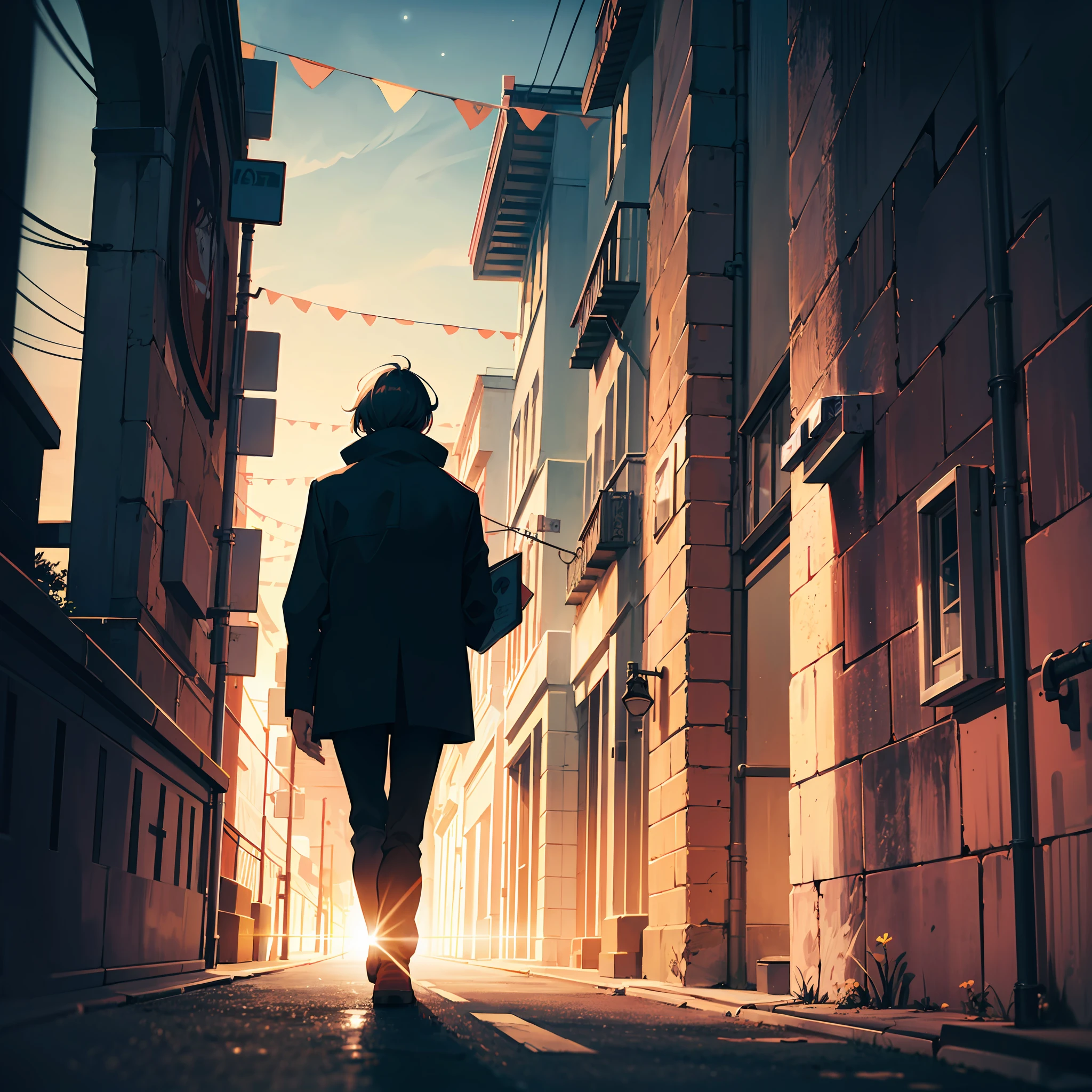 "A solitary figure strolling through a dimly-lit city street, gaze fixated upon the celestial canopy, yearning for the discovery of an affectionate connection." --auto
