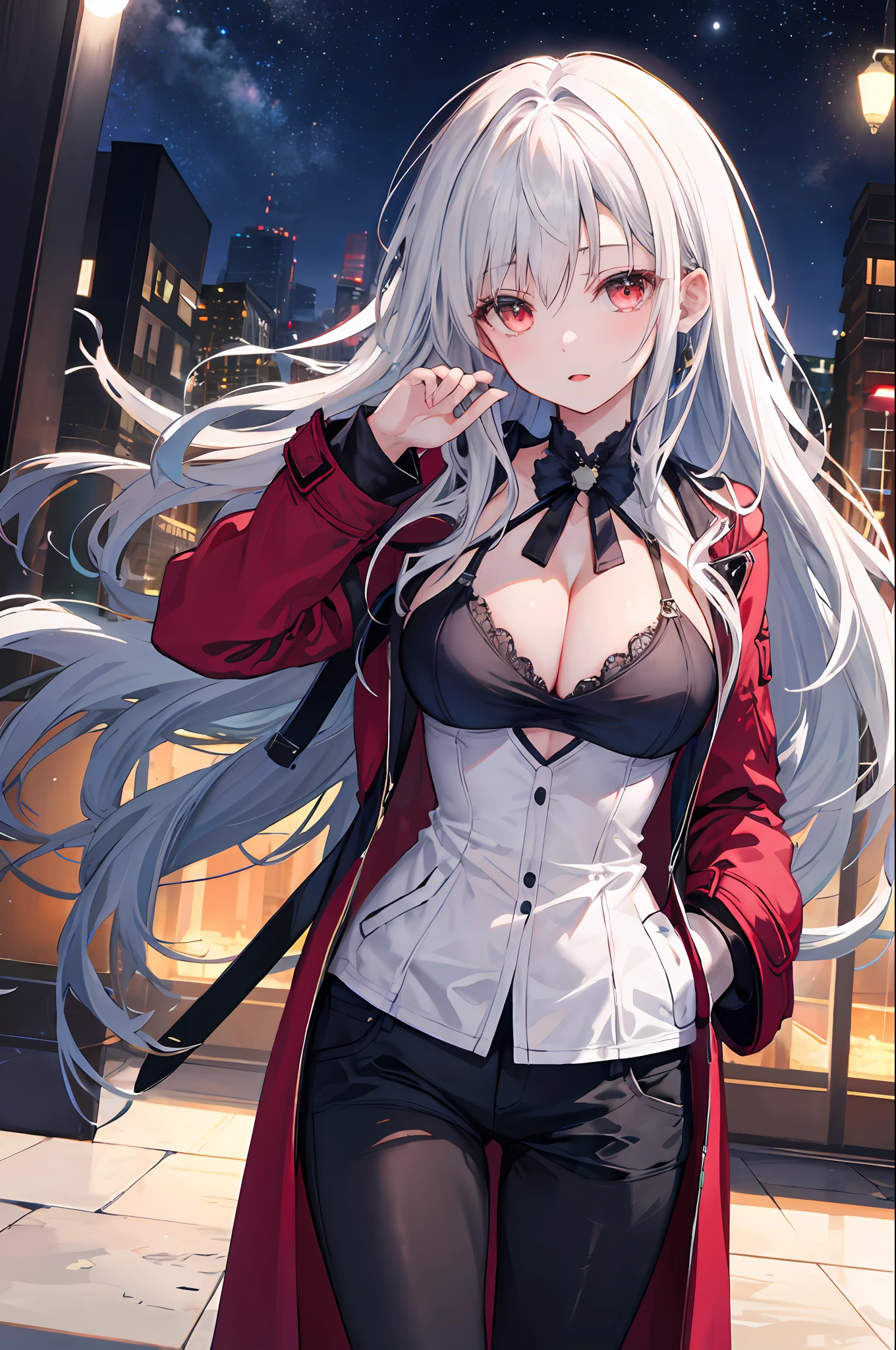 1girl，nightcity，Sateen，coat large，Put your hands in your pockets，white color hair，Lori huge breasts cleavage