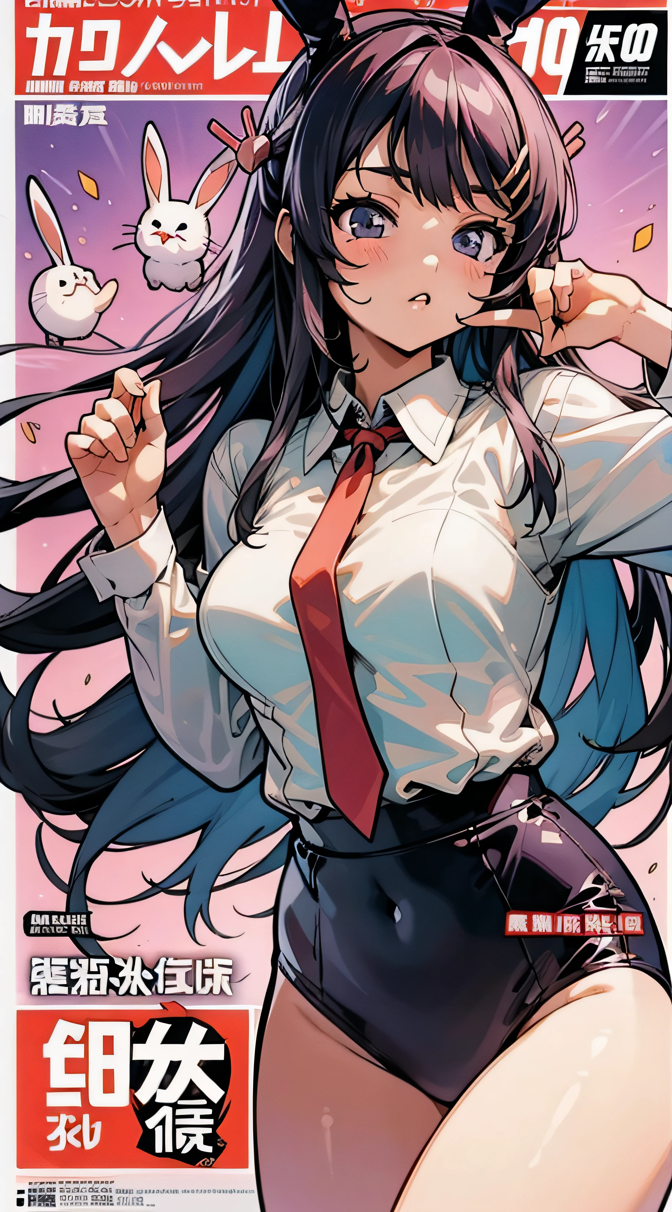 sakurajima mai,bunnygirl,校服，White shirt，red necktie，Ocean park，Comic cover style，Comic cover title,8K