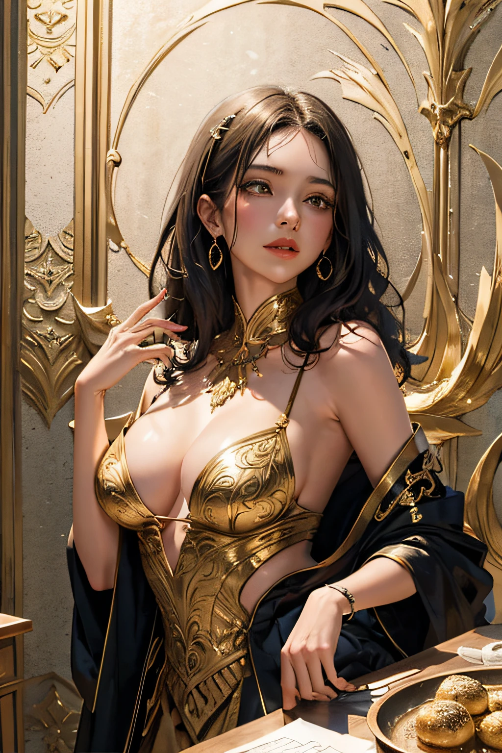 （tmasterpiece，top Quority，best qualtiy，offcial art，Beautiful and aesthetic：1.2），（1girl），Extremely detailed，Colorful，highestdetailed，offcial art，统一 8k 壁纸，ultra - detailed，Beautiful and aesthetic，big breasts beautiful，tmasterpiece，best qualtiy，（zentangle，datura，Tangles，entangled），holy rays，gold foil，Gold leaf art，glitter drawing，PerfectNwsjMajic，Gold ingots in hand