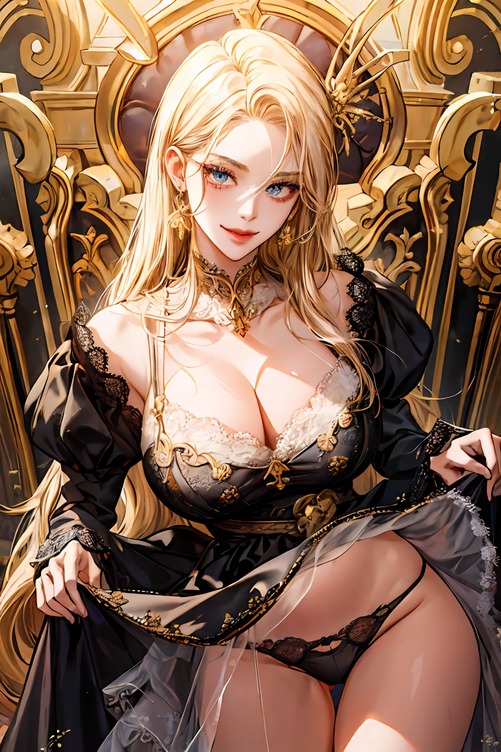 fantasy-style, 1girl, solo, masterpiece, best quality, detailed face, face focus, evil smile, long eyelashes, looking at viewer, dress, big breast, （cleavage）, golden, jewelry, standing, （skirt lift）, lace trimmed panties, （thong:1.2）, shiny skin,
