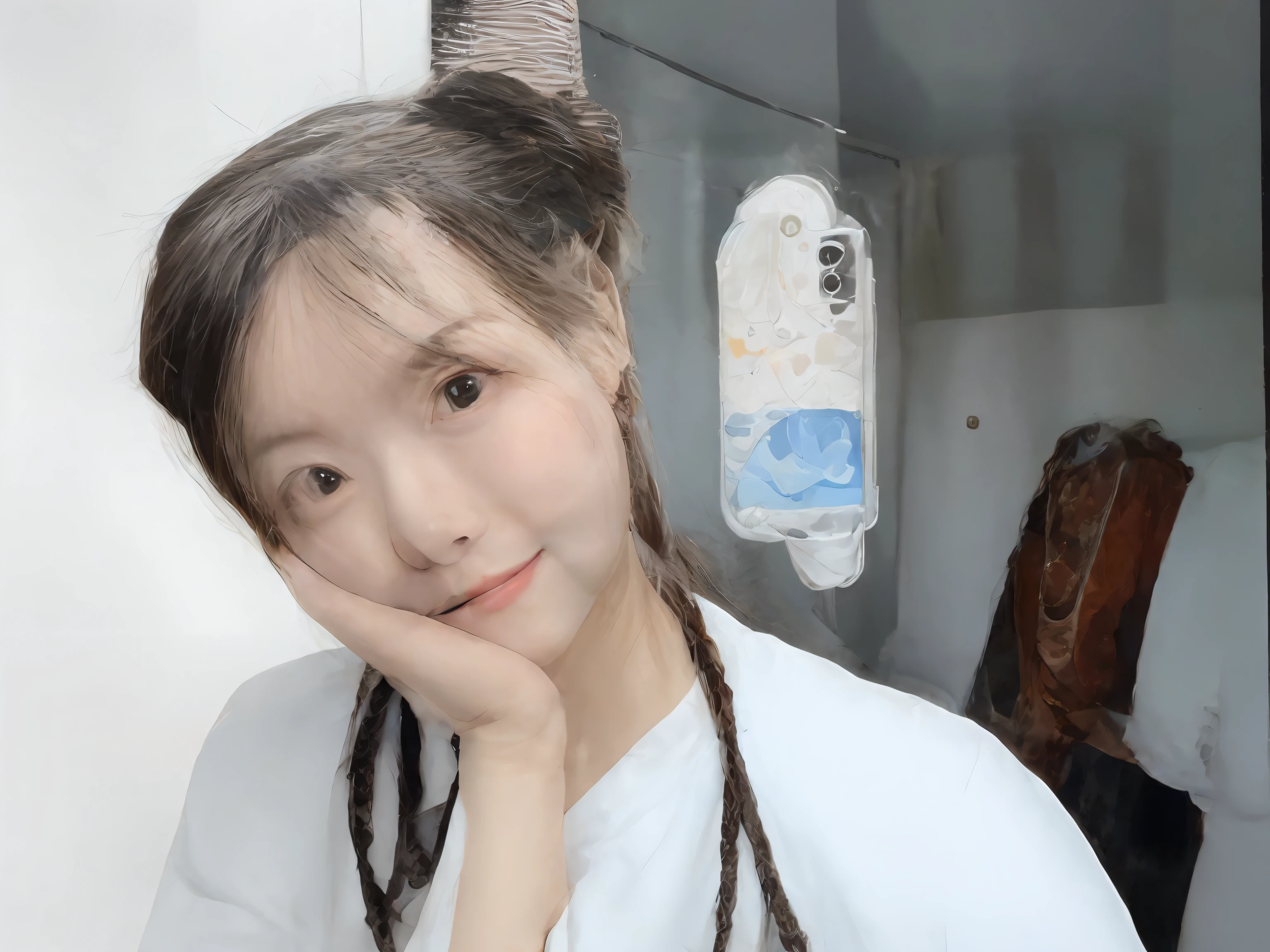 There is a woman with pigtails posing for a photo, braid hairstyle, with black pigtails, Twin tail hairstyle, two pigtails hairstyle, chiho, braidedhair, long pigtail, With long hair, hair in pigtails, kawaii hair style, Korean girl,nomake-up, zither