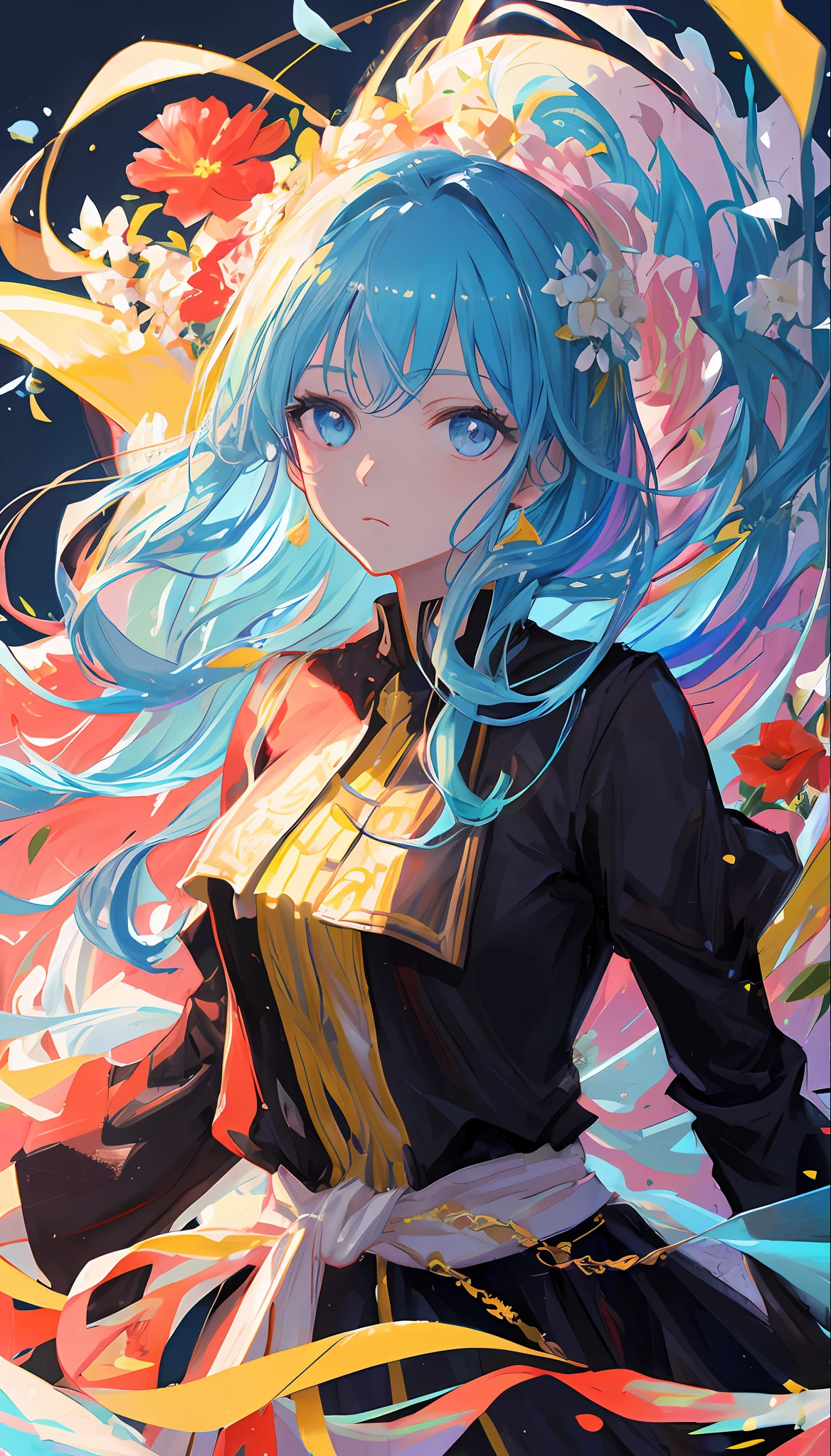 (masterpiece), (best quality), (ultra detailed),(disheveled hair),(illustration), (1girl), (Fashionable clothing), standing, Fashion model, looking at viewer, (interview), (simple background),beautiful detailed eyes, delicate beautiful face, Floating,(high saturation),(colorful splashes),colorful bubble,(shining), focus on face, kamisato ayaka, light blue hair, bangs, hair ring, floating flowers, floating hairs.Girl, anime waifu, looking at viewer, highlydetailed, reflections transparent iridescent colors, long transparent iridescent RGB hair, artby Serafleur from artstation, thick acrylic,illustration on pixiv, waist up portrait, gorgeoussacred girl, best quality, ultra detailed,sad,clever,beautiful face , beautiful lighton black background, Character stvle renderedby Octane,