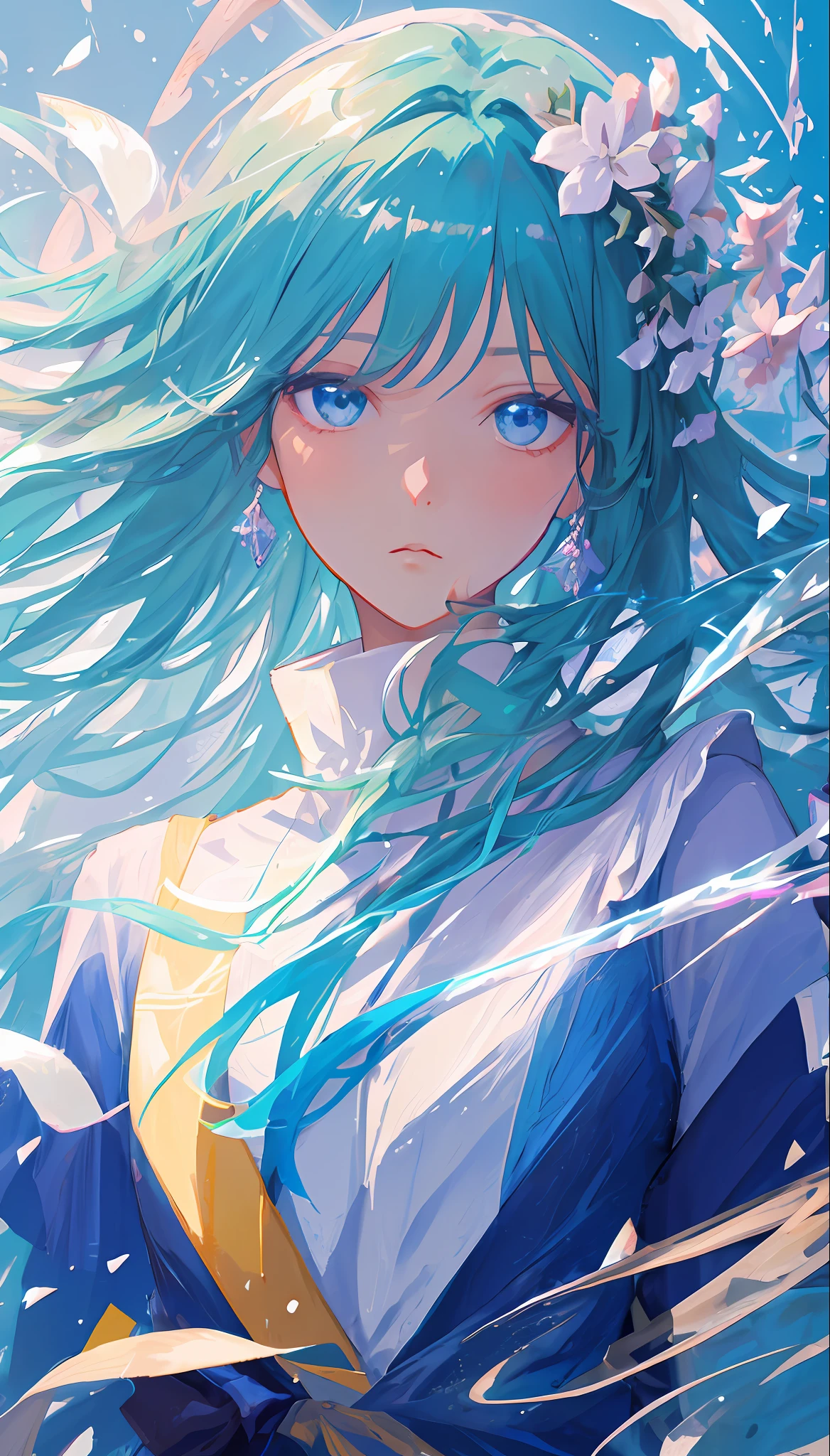 (masterpiece), (best quality), (ultra detailed),(disheveled hair),(illustration), (1girl), (Fashionable clothing), standing, Fashion model, looking at viewer, (interview), (simple background),beautiful detailed eyes, delicate beautiful face, Floating,(high saturation),(colorful splashes),colorful bubble,(shining), focus on face, kamisato ayaka, light blue hair, bangs, hair ring, floating flowers, floating hairs.Girl, anime waifu, looking at viewer, highlydetailed, reflections transparent iridescent colors, long transparent iridescent RGB hair, artby Serafleur from artstation, thick acrylic,illustration on pixiv, waist up portrait, gorgeoussacred girl, best quality, ultra detailed,sad,clever,beautiful face , beautiful lighton black background, Character stvle renderedby Octane,