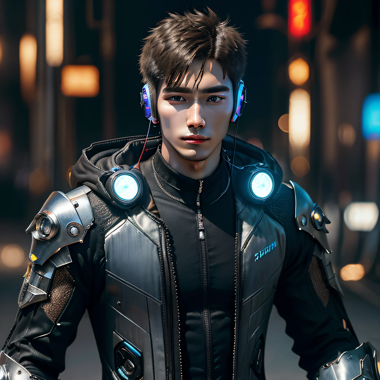 Cyberpunk male，Teens，Handsome，majestic-looking，Wear high-tech headphones，Slightly longer short hair，Bangs are scattered，Wearing a high-tech nanosuit