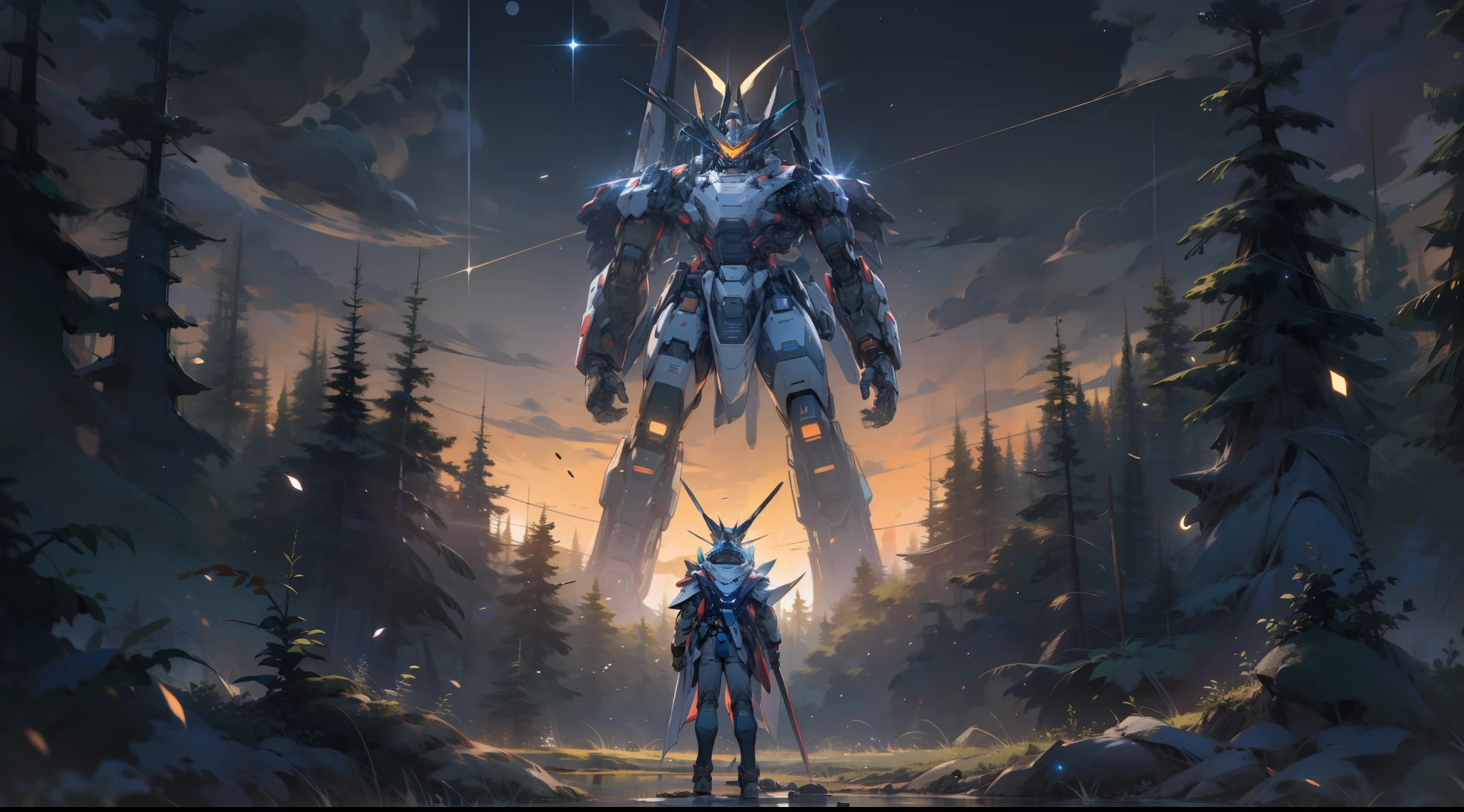 a brave soldier stands near his war mecha in a forest. It is night and have a full moon in the sky full of stars and some fireflies in the background. He is making a positive signal. Panoramic view. Full body in the picture. Centered.