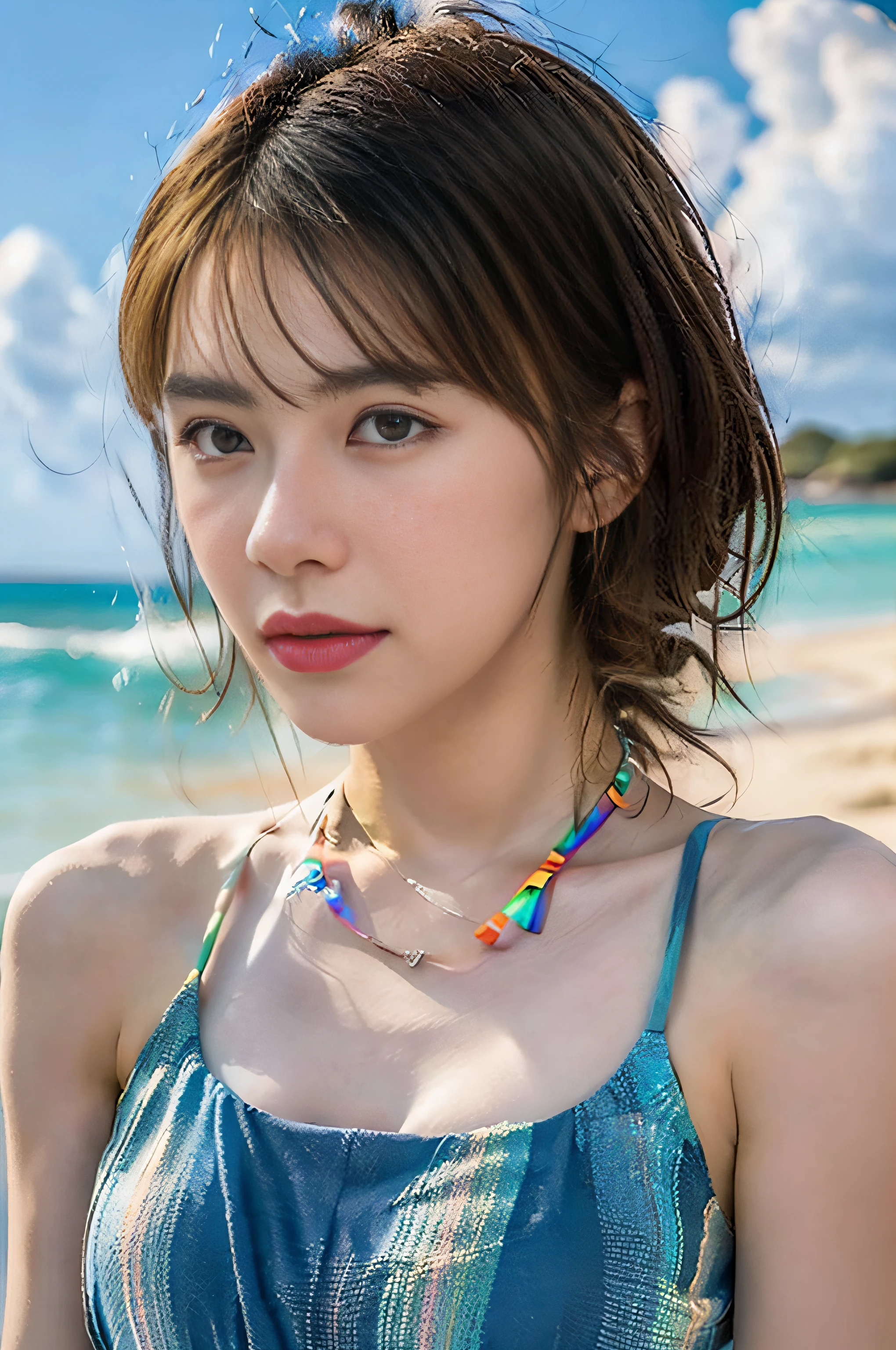 (8K, RAW photogr, Photorealistic:1.25)，1girll，sandbeach，blue-sky，baiyun，Pose, （beachside：1.5），Rainbow color slip dress，Rainbow color necklace，（of a real：1.4），conservative girl