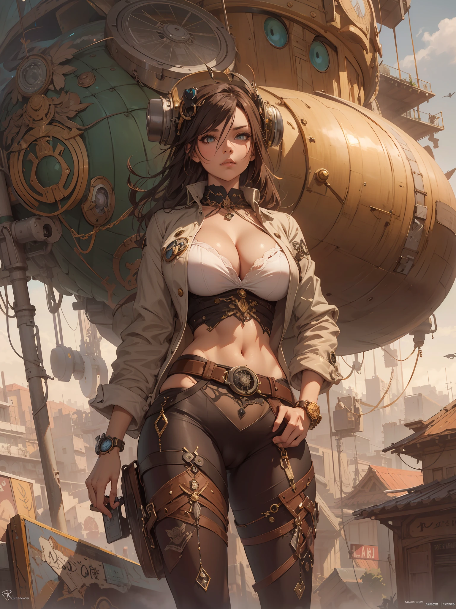 pose sugerente, color de cabello aleatorio, color de ojos aleatorio, pintura de estilo de arte tenebrista, oil on canvas, (((gigantic sagging breast ,Cameltoe muy marcado))), paisaje de fondo del dirigible steampunk, detalles intrincados de ropa steampunk completa, WLOP, Sakimichan ,Greg Rutkowski, Alfonse Mucha, Makoto Shinkai, Stanley Artgem Lau, RossDrew, hiperrealista, tendencia en ArtStation, Motor Unreal 5, 8k, arte conceptual, Pintura digital, Arte de salpicaduras, pintura de salpicaduras, retrato facial, pintura grunge, por banksy, Por Greg Tocchini, por james gilleard, por joe fenton, por kaethe carnicero, Stunningly Detailed, simetry, Octanaje, arte conceptual, artistic, kinematics, Ultra Sharp Focus, Altamente detallado, alma vibrante, perfection