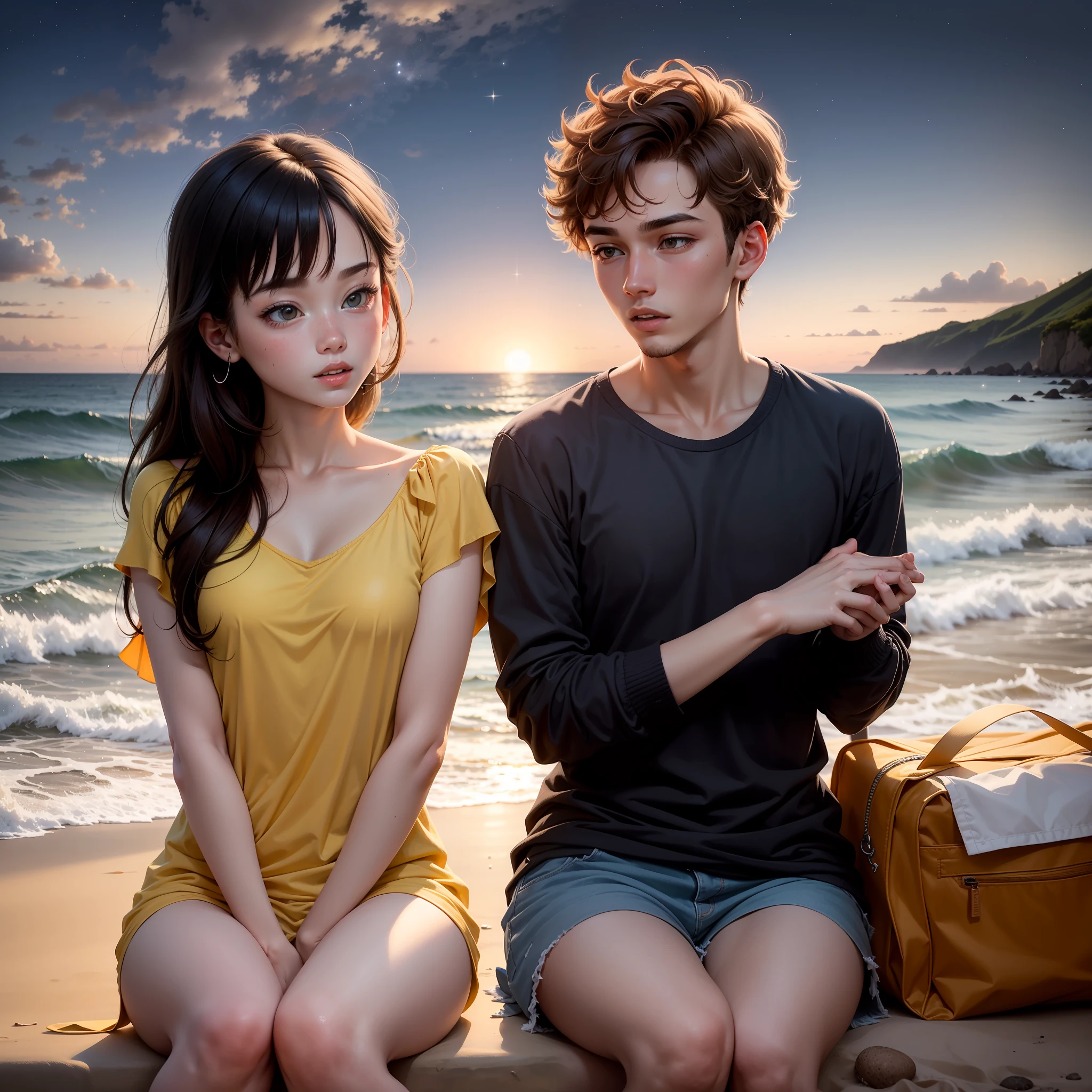 Melhor qualidade, Dois rapazes jovens de 20 anos, 1 com cabelo liso e um topete curto, o outro de cabelo liso e curto mas com franja, The two cuddled sitting in the beach area with mini moons and stars in their hands as they look at each other passionately --auto
