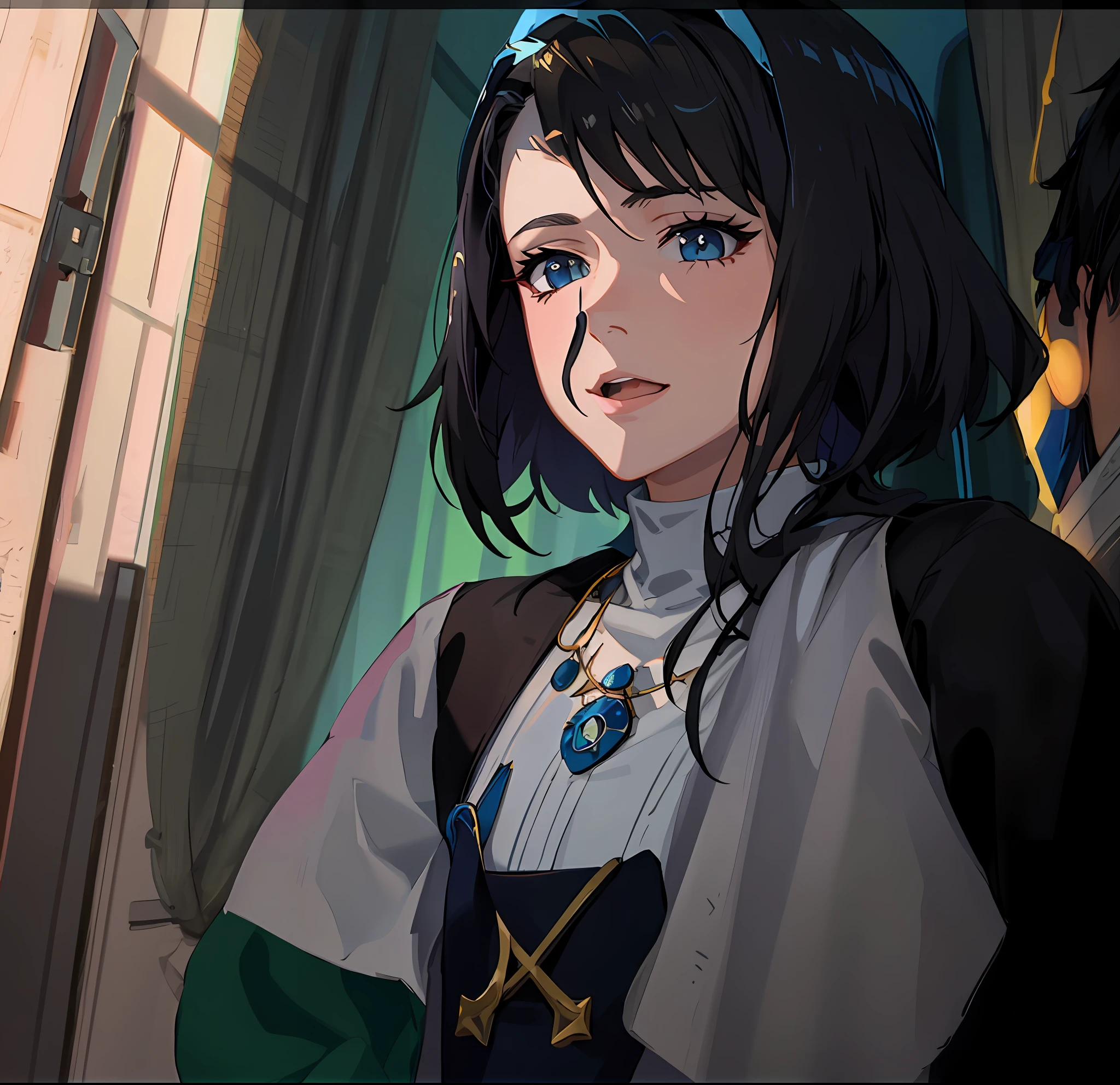 arte de anime digital detalhada, de cabelos castanhos,Face lateral,olhos verdes claros,long eyeslashes,O sol brilha na ponta do nariz,Recostou-se no assento do trem