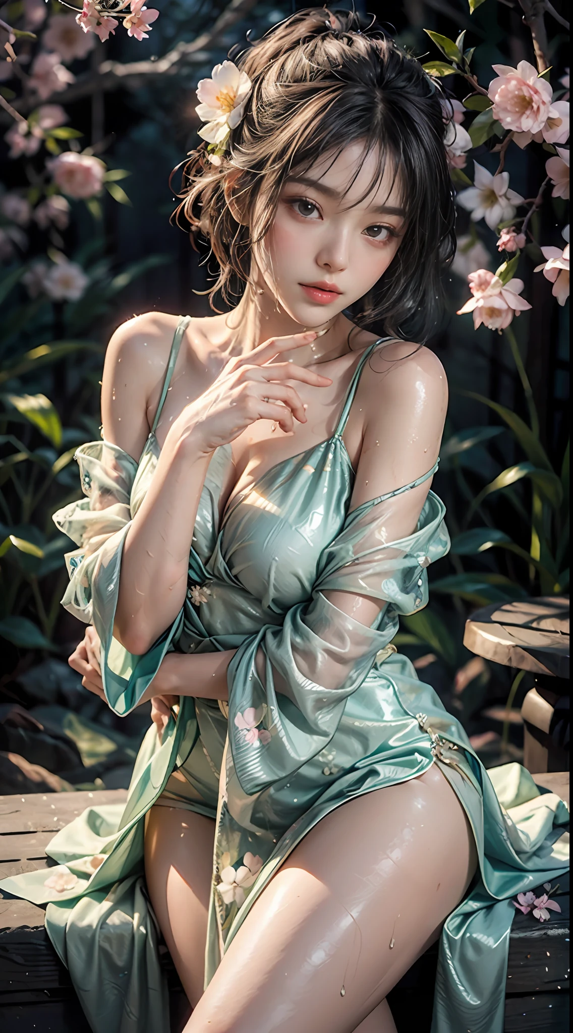 loose outfit、Show shoulders、How to wear a broken see-through kimono、Decorated with intricate patterns and bright colors、Transparent material、Artistic depiction of seductive woman in kimono with wet thin cloth and transparent skin, Floral and fantastic pattern with flowing silky traditional see-through skin。Her dress draped elegantly around her curvaceous figure、Emphasizes her charming silhouette。She is sitting on a chair in a sexy pose at night when gentle fireworks go up、bathed in the soft glow of moonlight。The scene is、With a hint of mystery and sensuality、It exudes an ethereal dreamy atmosphere。The image style is、Incorporates a blend of watercolor and digital illustration techniques.、It makes you feel delicate beauty and charm。Soft moonlit lighting、Cast gentle highlights and shadows on her mesmerizing features。dance、dance、dance、dance、The hand is somewhere、see -through、show through、A sexy、Wet hair、Wet、cherry trees、flower petals、cherryblossom、The cherry tree、Sakura blizzard、buried、Transparent skin、Wet clothes、A lot of big phalaenopsis in hair、Floral ornament、