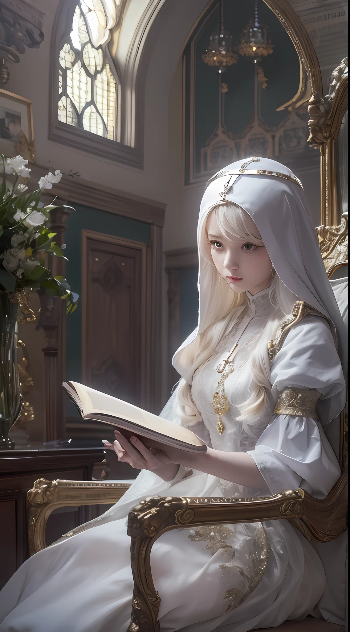 Close-up of a doll holding a book in a chair,fully body photo，The is very detailed，guweiz masterpiece, Guviz-style artwork, a stunning young ethereal figure, Hall，dreamy and detailed, Ethereal!!! Ultra photo realsisim,lewd nun，A look of disdain，Lift up some skirts，Beth，ball jointed doll, white hime cut hairstyle，Has amazingly deep eyes，Beautiful character painting，The Lost Book of Magic，white beautiful hair，There are vines with arabesques