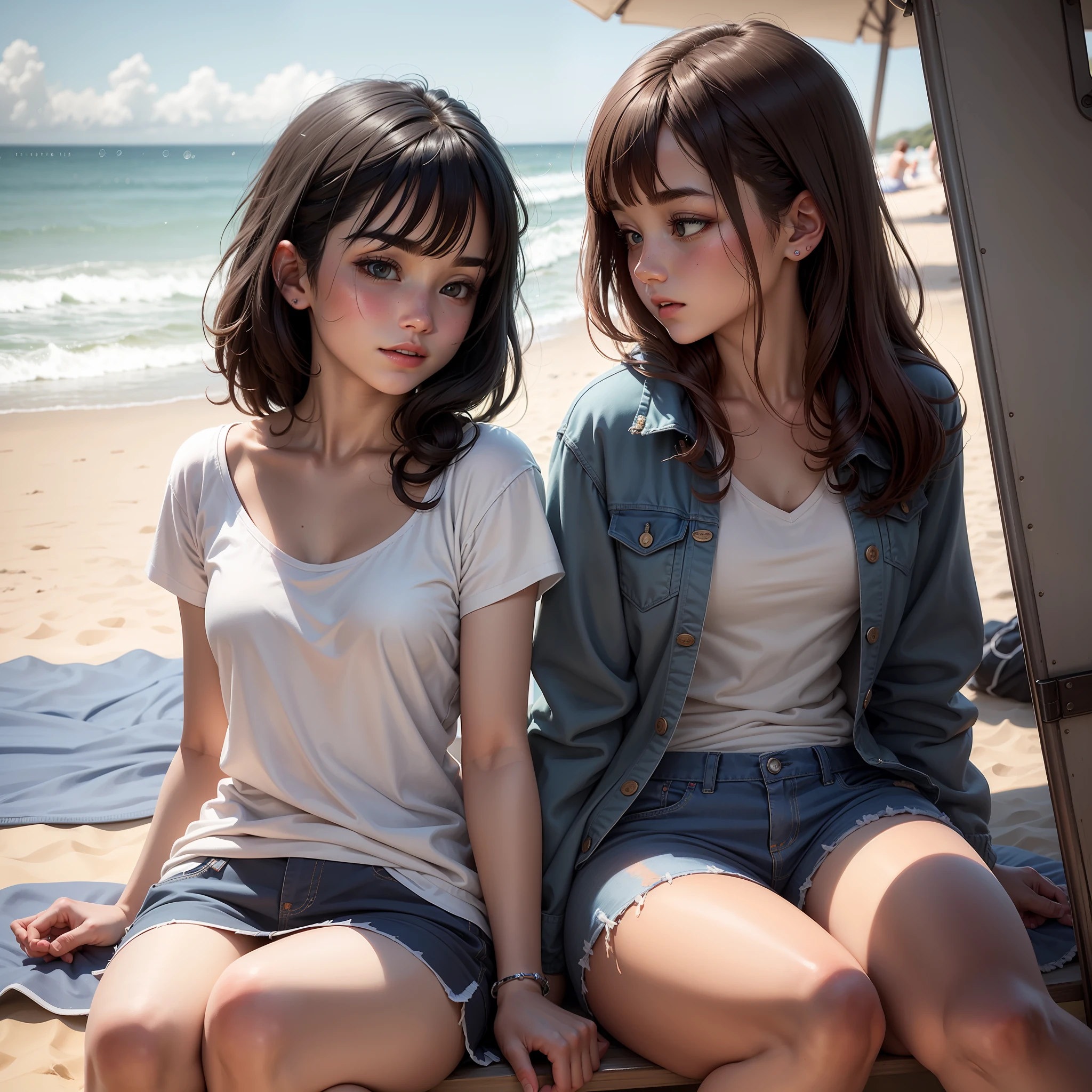 Melhor qualidade, Dois rapazes jovens de 20 anos, 1 com cabelo liso e um topete curto, o outro de cabelo liso e curto mas com franja, The two cuddled sitting in the beach area with mini moons and stars in their hands as they look at each other passionately --auto