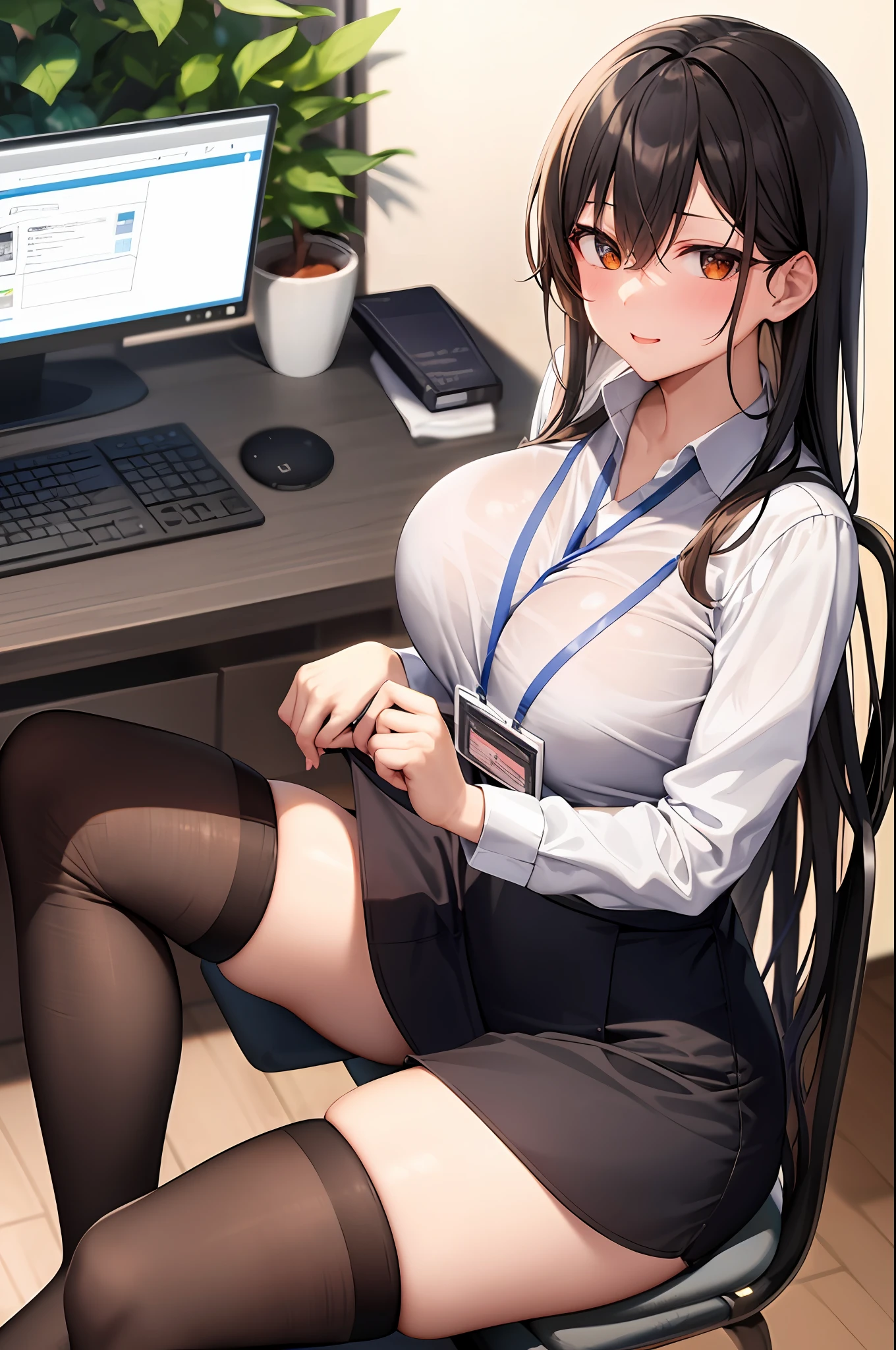 1girl in, 独奏, ((white shirt)), black thighhighs, breastsout, cleavage of the breast, 校服, office backdrop, a black skirt, pleatedskirt, s Office,E-cup, hair between eye, Look at viewers, 独奏, thighs thighs thighs thighs, thighs thighs thighs thighs, ((masterpiece)), sitting on, a chair, desk work, Computer on desk, nametag, ID Tags, in a house, red blush, sexy pose