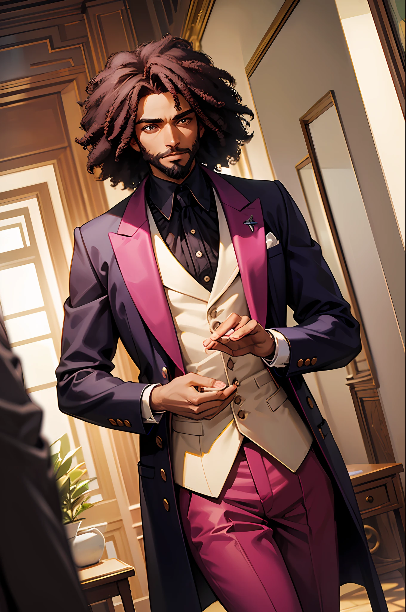 (best-quality:0.8), (best-quality:0.8), perfect anime illustration of a from inside of a fancy office, shallow depth of field, Detailed illustration, Indirect light, F/2.8, Kodak portra, Spirals, opulent, adobe lightroom, photolab, 1man, solo, Daveed Diggs, Thomas Jefferson from Hamilton the Musical, Magenta suit jacket, Magenta suit pants, black hair, afro, very curly hair, dark skin, handsome man, Victorian, muscular man, scruffy beard --auto