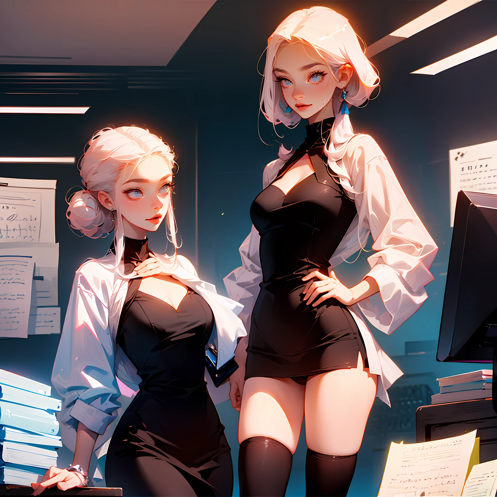 ((masterpiece, best)),(1girl),((mature woman)), light pink hair, dizzy, trumpet, ((office lady)), bangs, mid-chest, (full), slim, smiling, [wide hips] ,office,standing, aru \(blue archive\), --auto