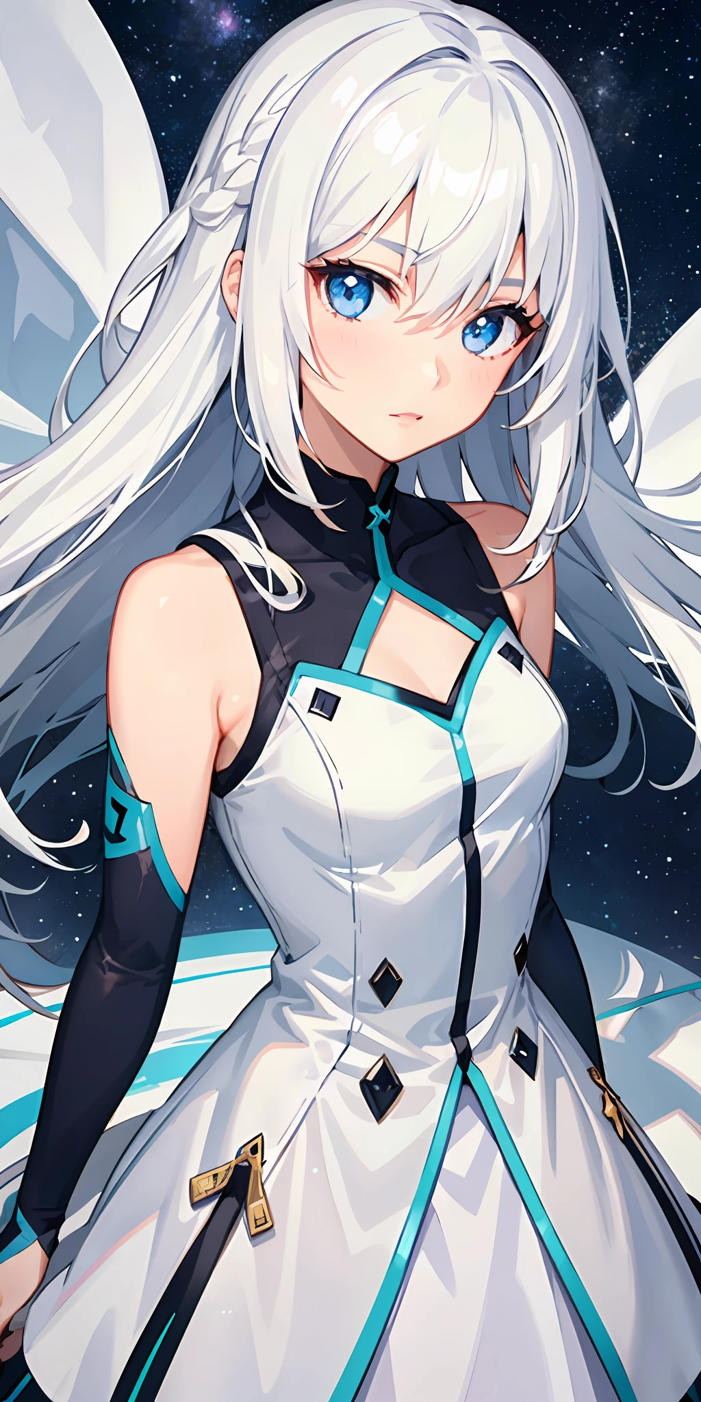 1girl in、White hair、Blue eyes、Galaxy、