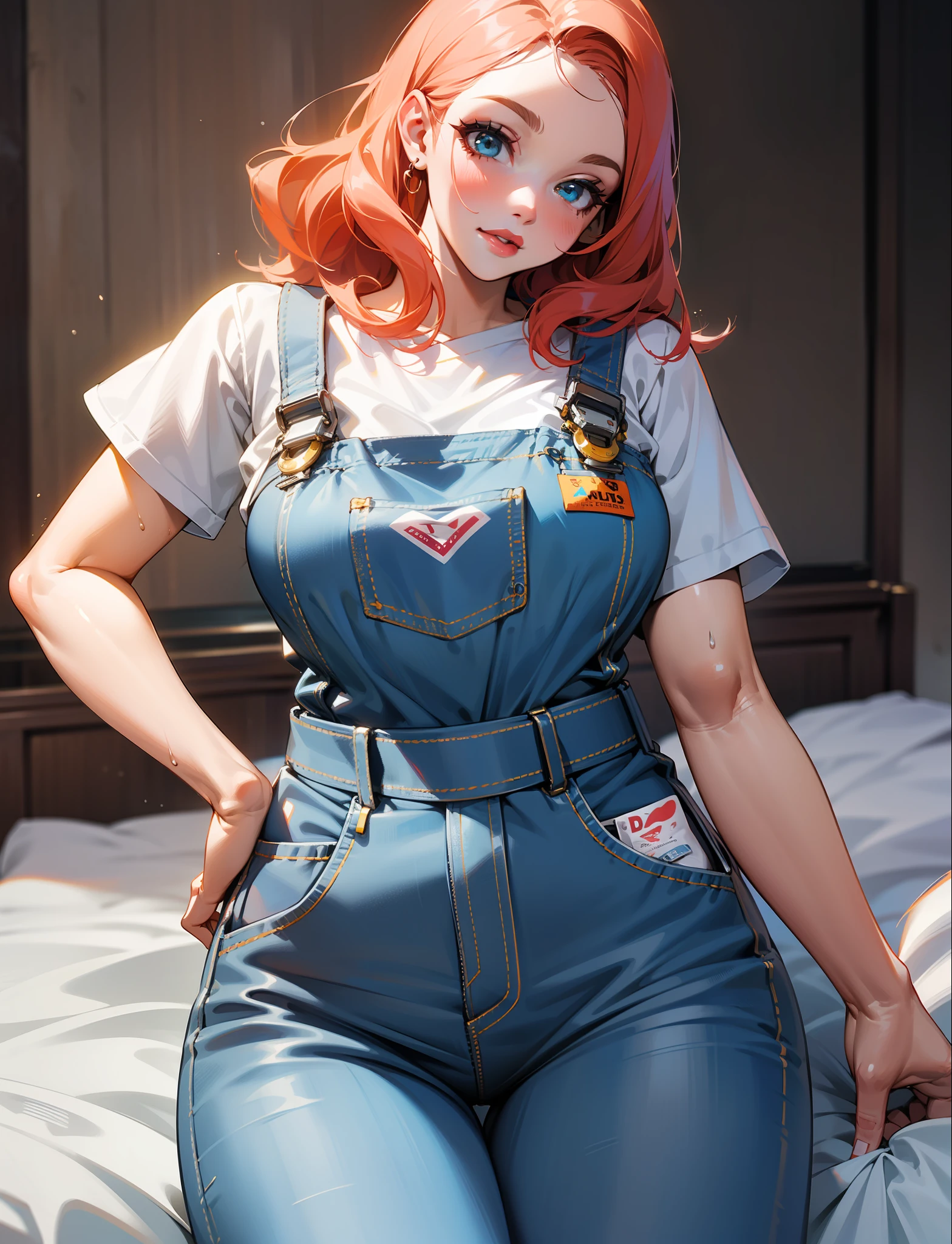 A closeup of a woman in overalls posing on a bed, janela grande aberta ao fundo, Luz Natural, dust particles in the air, mulher loira, cabelos claros e lisos, mais escuro na raiz, raiz do cabelo mais escura, cabelos lisos com pintas na altura dos ombros, rosto linear, olhos verdes realista, boca entreaberta, red and wet lips, rosto com sardas, Mulher russa, mais conhecido como Amouranth, Amouranth, wearing dirty overalls, wearing overalls, blue overalls, jovem Amouranth bonito, alexa grace, wearing detailed blue denim overalls, realista, various details, clivagem, peitos enormes, Jumping in overalls (grande, massive breasts), peitos com sarda, no-bra, not wearing a bra, luz, loose breasts inside the overalls, luz suave, belo contraste, sombras e profundidade, filtro escurecido, 4k, Seu peito, 2 Modelo feminina de 4 anos, sexy look at the camera, 🐎🍑