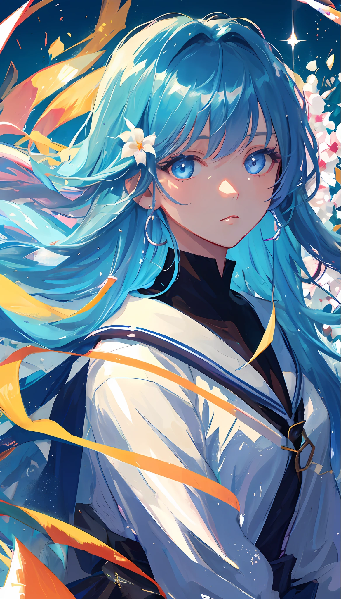 (masterpiece), (best quality), (ultra detailed),(disheveled hair),(illustration), (1girl), (Fashionable clothing), standing, Fashion model, looking at viewer, (interview), (simple background),beautiful detailed eyes, delicate beautiful face, Floating,(high saturation),(colorful splashes),colorful bubble,(shining), focus on face, kamisato ayaka, light blue hair, bangs, hair ring, floating flowers, floating hairs.Girl, anime waifu, looking at viewer, highlydetailed, reflections transparent iridescent colors, long transparent iridescent RGB hair, artby Serafleur from artstation, thick acrylic,illustration on pixiv, waist up portrait, gorgeoussacred girl, best quality, ultra detailed,sad,clever,beautiful face , beautiful lighton black background, Character stvle renderedby Octane,
