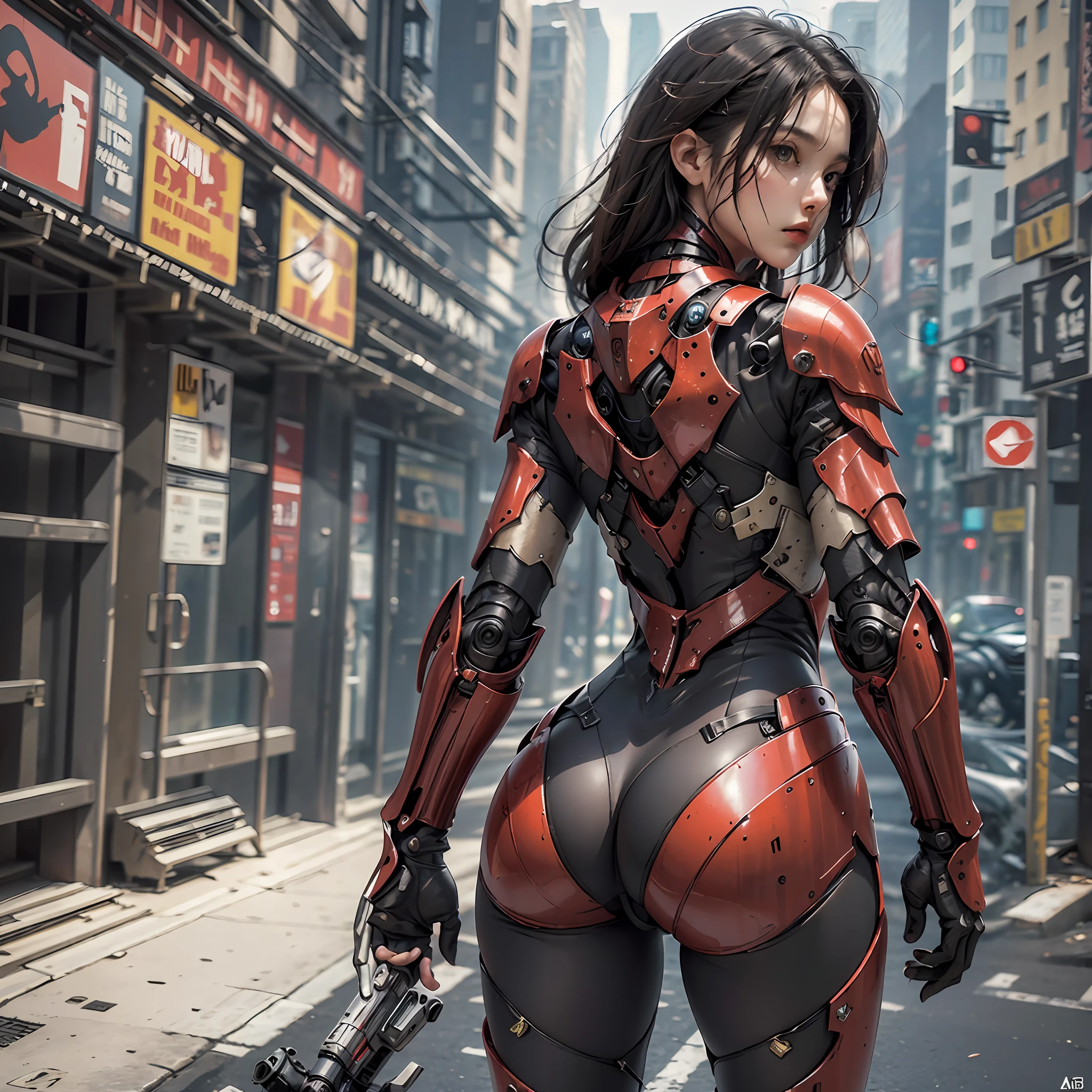 (Masterpiece), (Best quality), Photorealism, Realistic, Ultra detailed, Perfect face, Perfect body, 1girll, Beautiful girl, Girl in red armor, Mechanical armor, exoskeleton, Stand, Cool pose, Sexy, Watching from behind