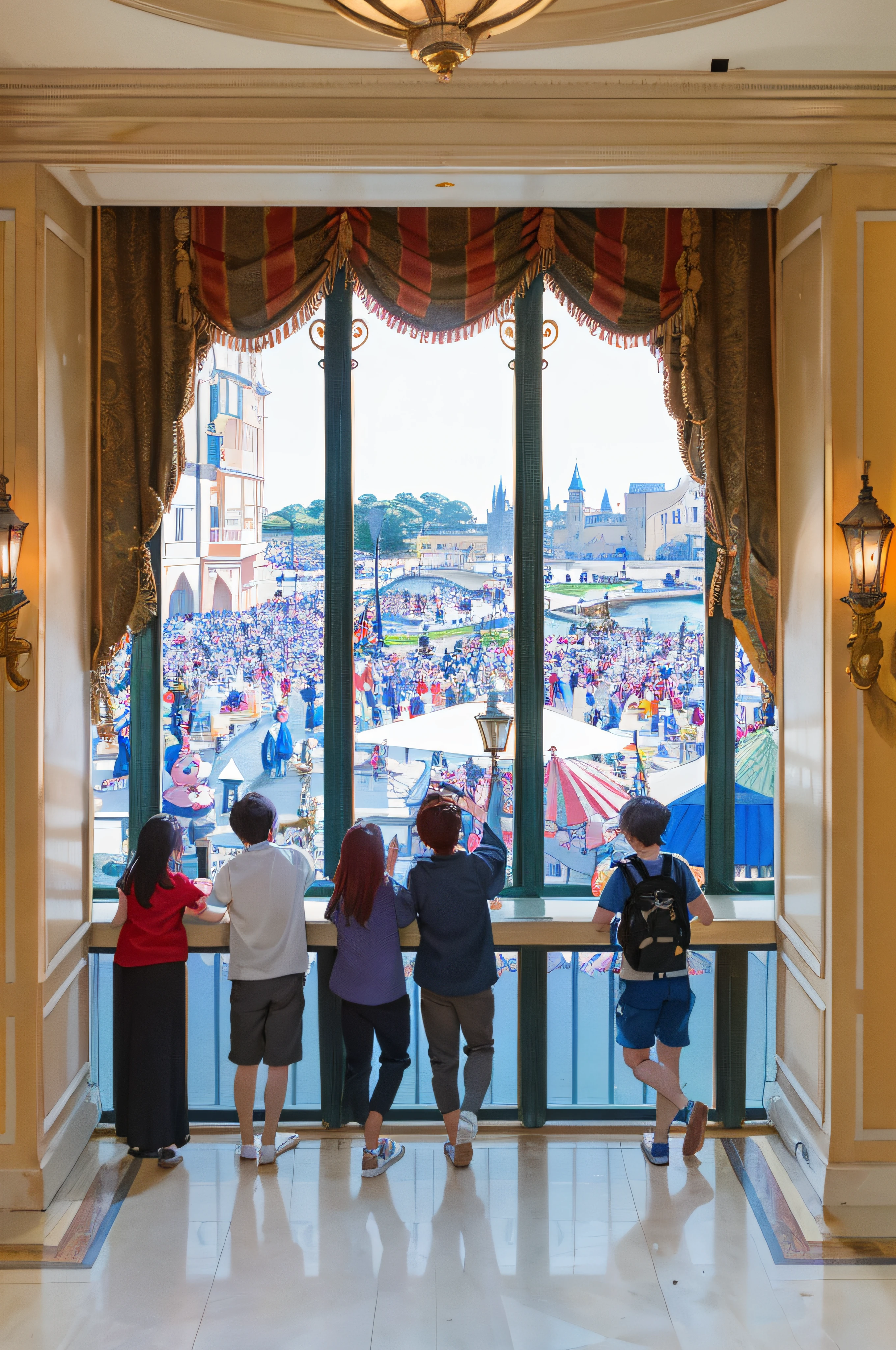 There are three children watching the crowd from outside the window, Epcot, inside a grand, Children's, Who enjoys the show々, View, On the balcony of the palace, peopel watching, italian masterpiece, People who watch over their surroundings々, Crowds, At Disney, vibrant atmosphere, Look outside, Summer 2016, The window is open, Huge view