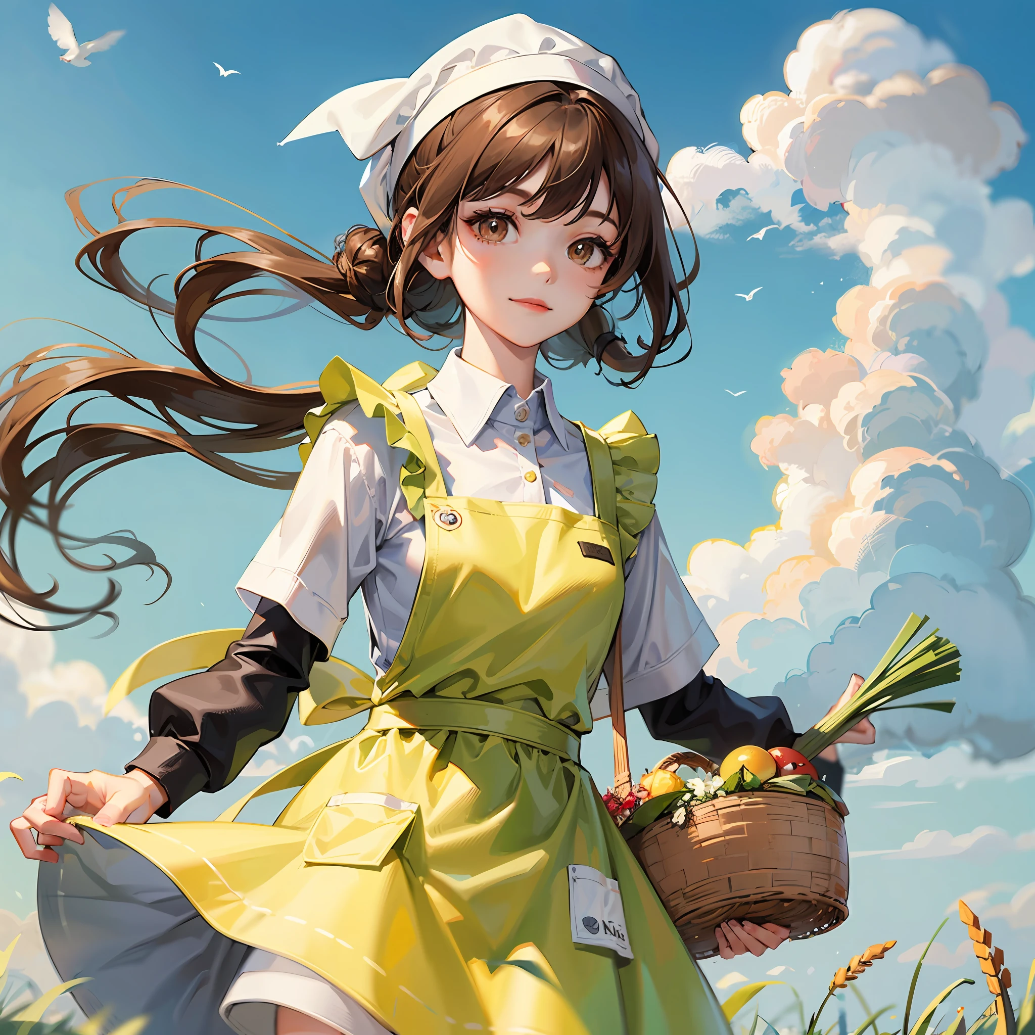 1girl, wheat, solo, long hair, outdoors, brown hair, apron, head scarf, basket, shirt, sky, brown eyes, white shirt, smile, floating hair, grass, day, closed mouth, wind, spring onion, standing, bangs, blurry, bird, cloud, blue sky, holding basket, holding --auto