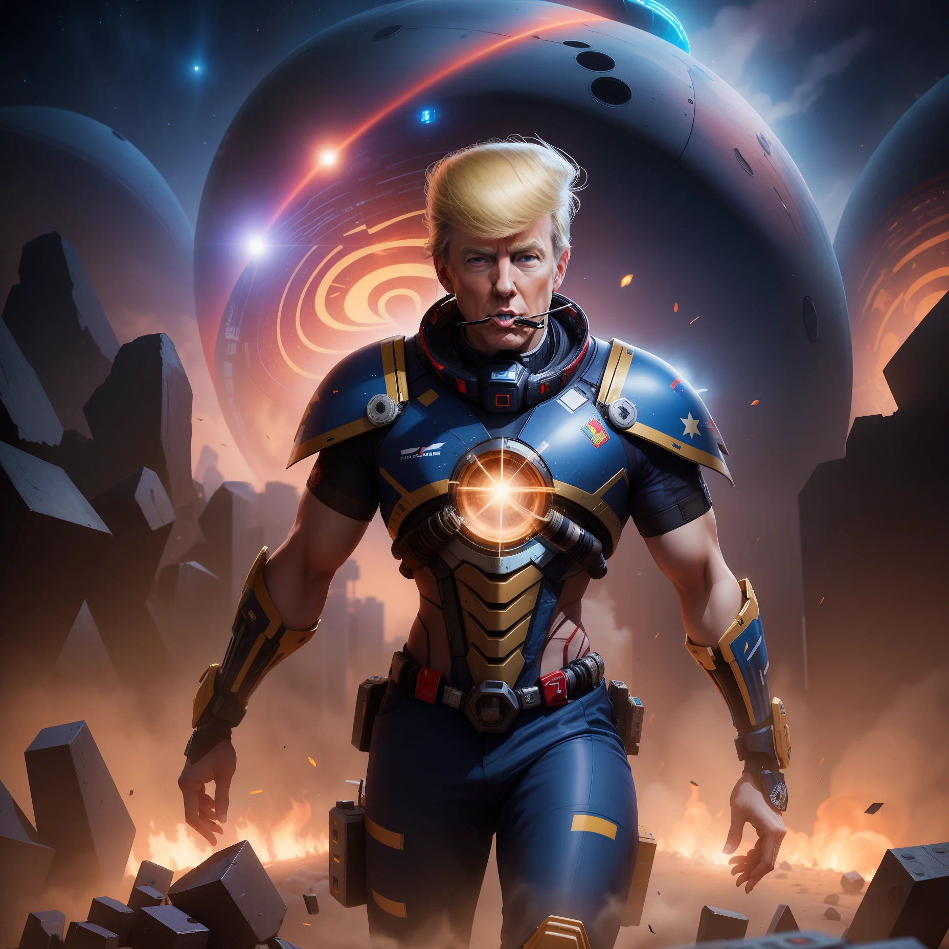 Trump pilots a futuristic mech，Cigar in his mouth