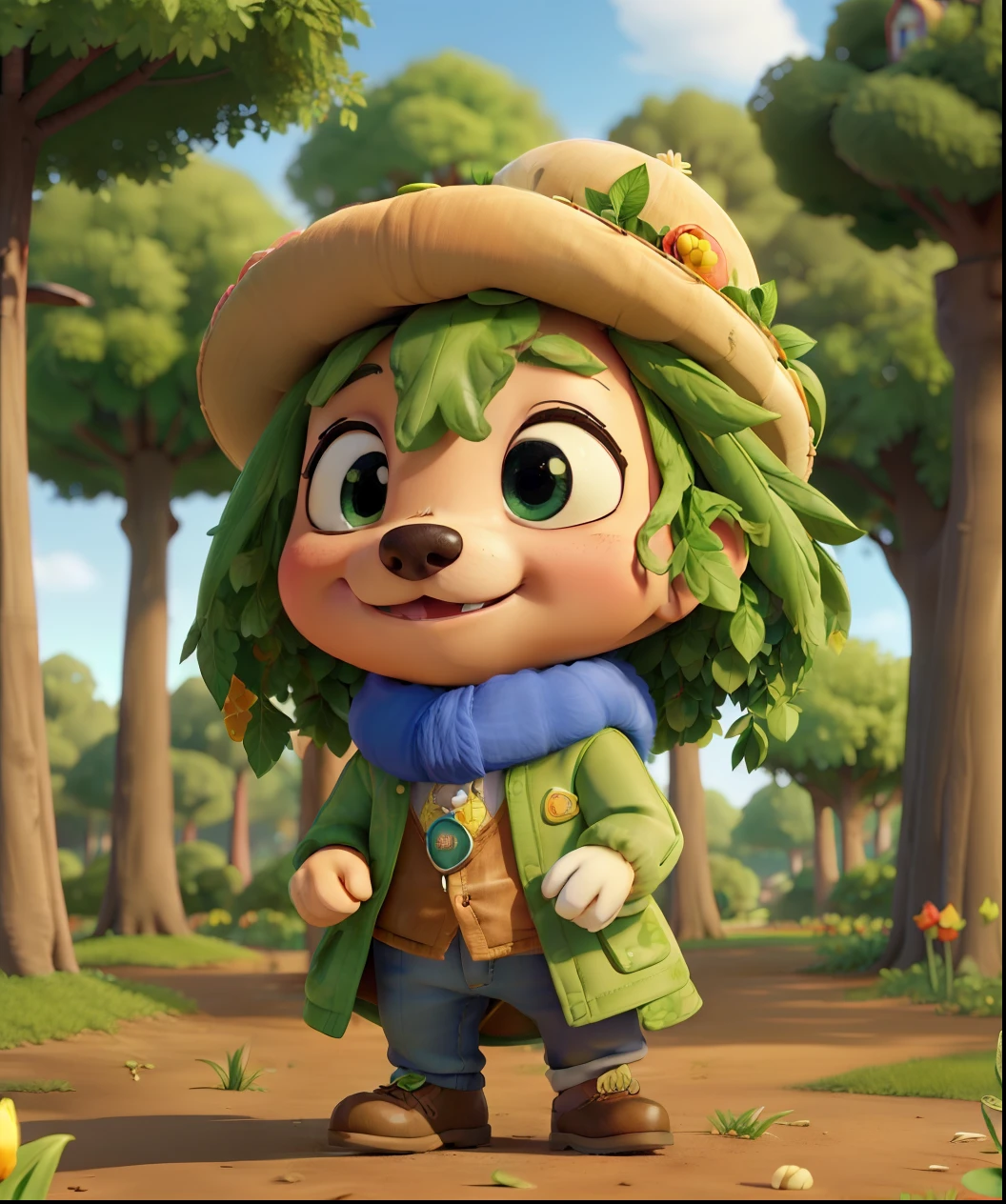 (Cute puppy:1.2), ssmile, Bushy smooth coat、personification, Mushroom cap on the head, rendered:(charicature:1.3,Production Movie, the pose:(Lively:1.2, amusing), modeled:(ultra-quality:1.2,8K,Orthographic view),tulips, blue-sky, for the background(A park full of greenery:1.1),{Complex and ultra-detailed, Giuseppe Arcimboldo}