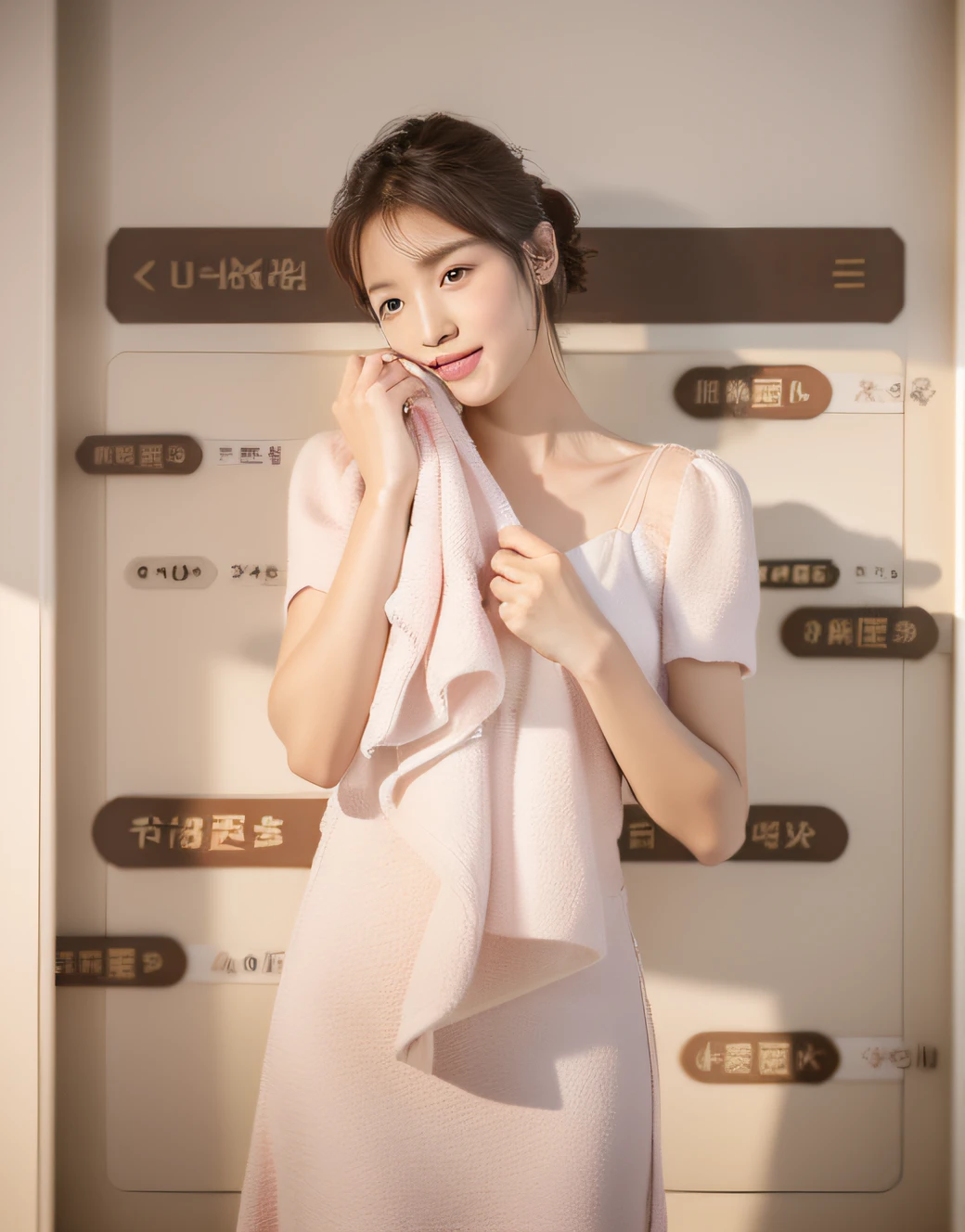 korean female,goddes,(short sleeve dress),coffee break skirt cut design,Pale pink clothes,Minimal dress,tightly dress,Simple cut dress,perfect bodies,The upper part of the body,Ball head,Detailed skin texture and cloth texture,Detailed eye texture,largeeyes,Detailed eyeballs,long eyelasher,Detailed eyelashes close-up,二重まぶた,Light smile,8k、Highest image quality、tmasterpiece、超高分辨率:1.2, Drape fabric,Beautiful female photos with elegant style as the theme,Light pink,Light pink,Araki woman in a light pink dress,photography mode,soft fabrics,Detailed fabric texture,shift dresses,Fluent dress,Elegant dress,Elegant dress,is wearing dress,elegant clothes,is wearing dress,Holding a towel in hand,Wipe your face with a towel
