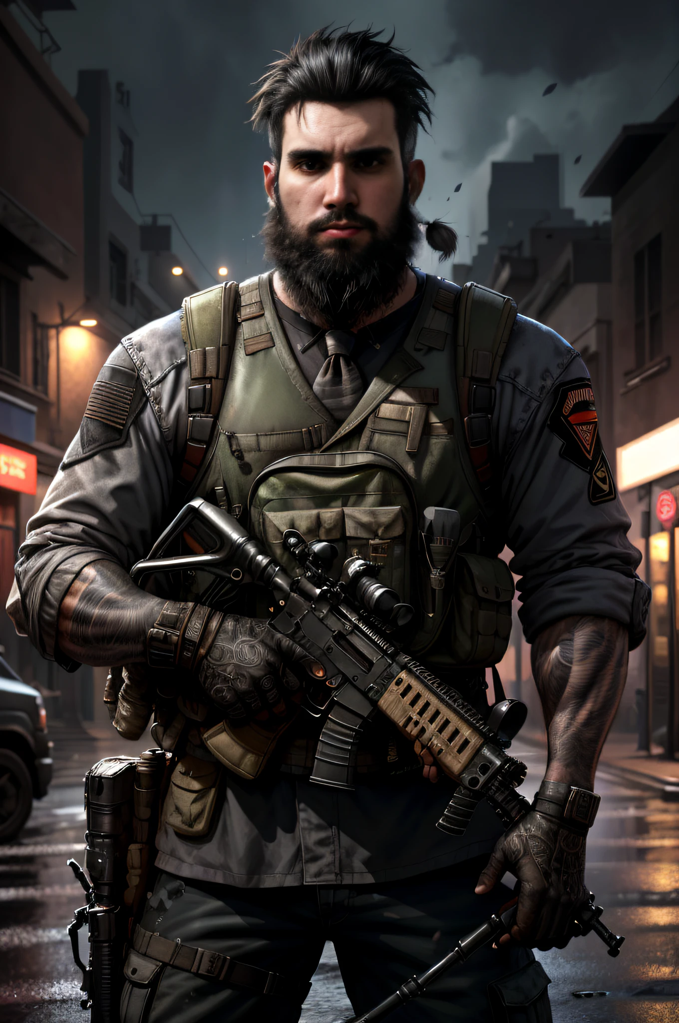 black haired guerrilla with worn black uniform and assault vest, uses assault rifle, beard, ruined background, realistic, stylish, hdr, intricate details, hyperdetailed, cinematic, rim light, danger atmosphere, noir, night, red light, dark street, rain, 4k