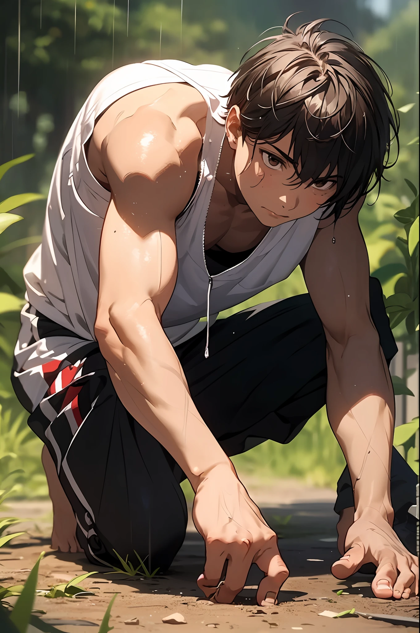 16 years old boy,shorter pants,white short socks,The barefoot,No shoes,earthy,Flat ground on campus,Put your hands on your feet,Sit on the dirt,Dirt and grime on the body,after rainny,There is a band-aid on the face,Intense exercise,No clothes on,Pastel tones,chest muscle,Abs,Acts of pursuing pleasure,,8K,Cinematic lighting effects,Textured skin,best qualtiy,Storytelling images,Storytelling images,dynamic blur,actionpose