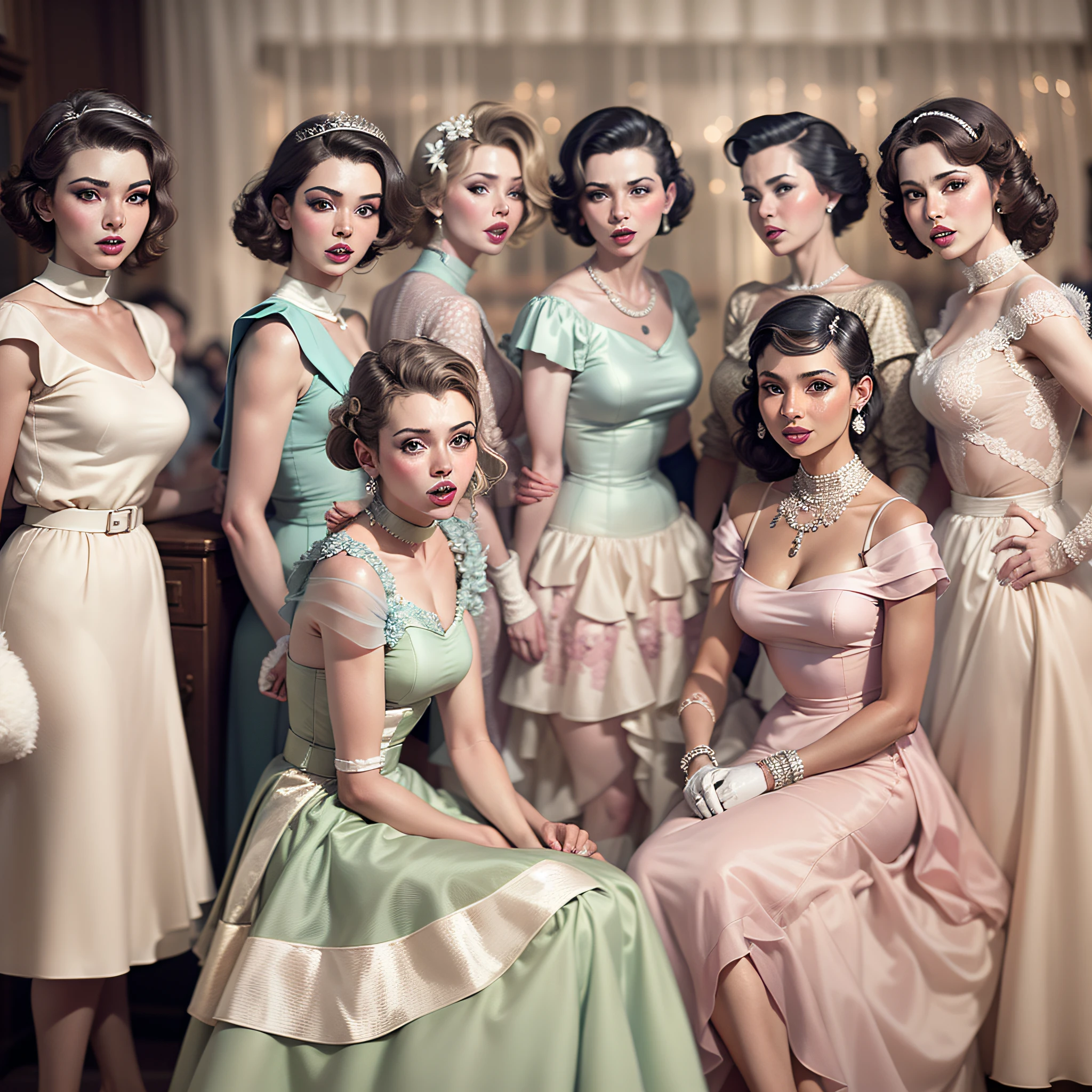 um grupo de mulheres elegantes em uma festa dos anos 1950" Uma imagem apresentando um grupo de mulheres elegantes, cada uma usando seus distintos vestidos de noite dos anos 1950, posando para uma foto em uma festa noturna chique para mulheres. The image is edited with a retro pastel palette, reflecting the camaraderie and timeless fashion of 1950s social gatherings.