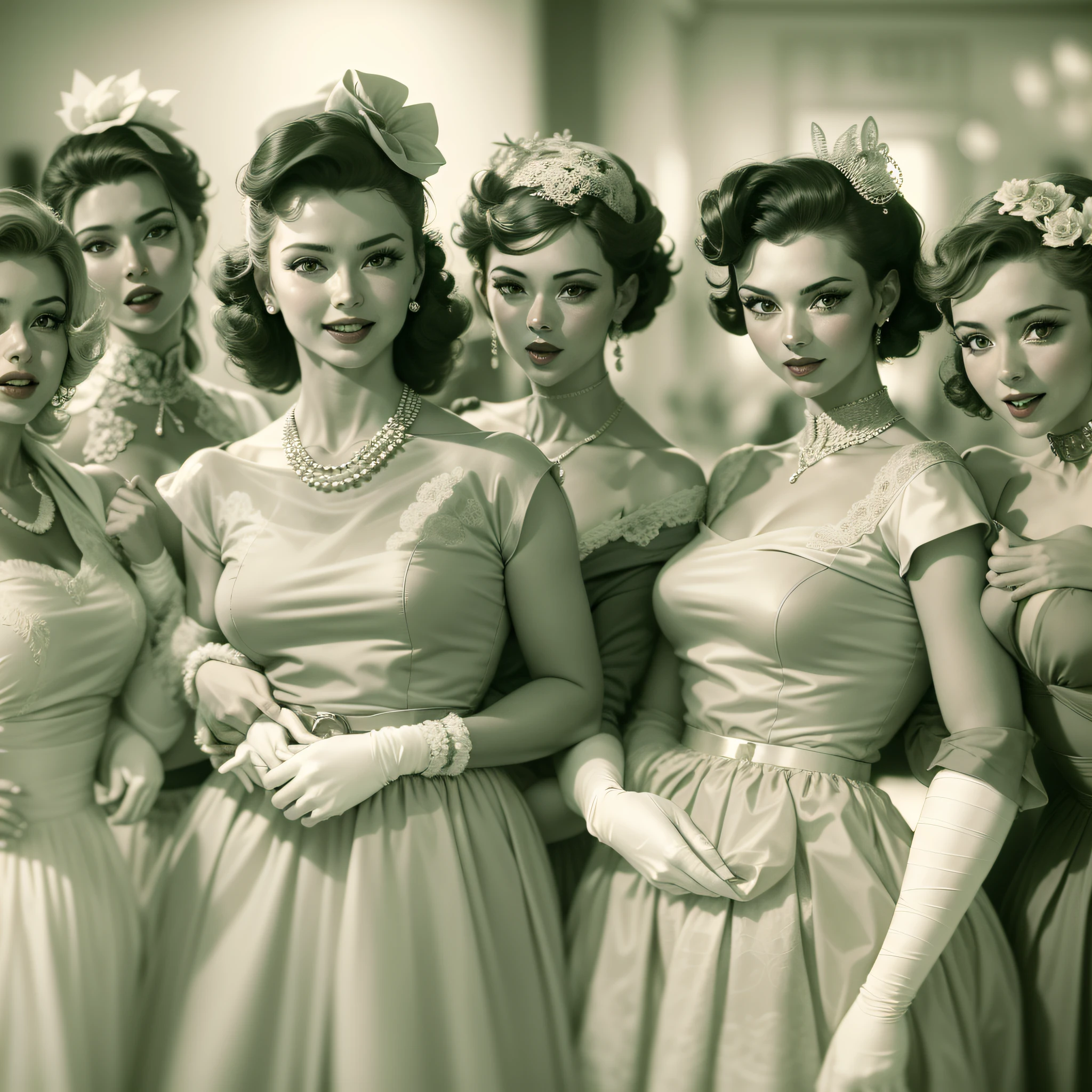 um grupo de mulheres elegantes em uma festa dos anos 1950" Uma imagem apresentando um grupo de mulheres elegantes, cada uma usando seus distintos vestidos de noite dos anos 1950, posando para uma foto em uma festa noturna chique para mulheres. The image is edited with a retro pastel palette, reflecting the camaraderie and timeless fashion of 1950s social gatherings.