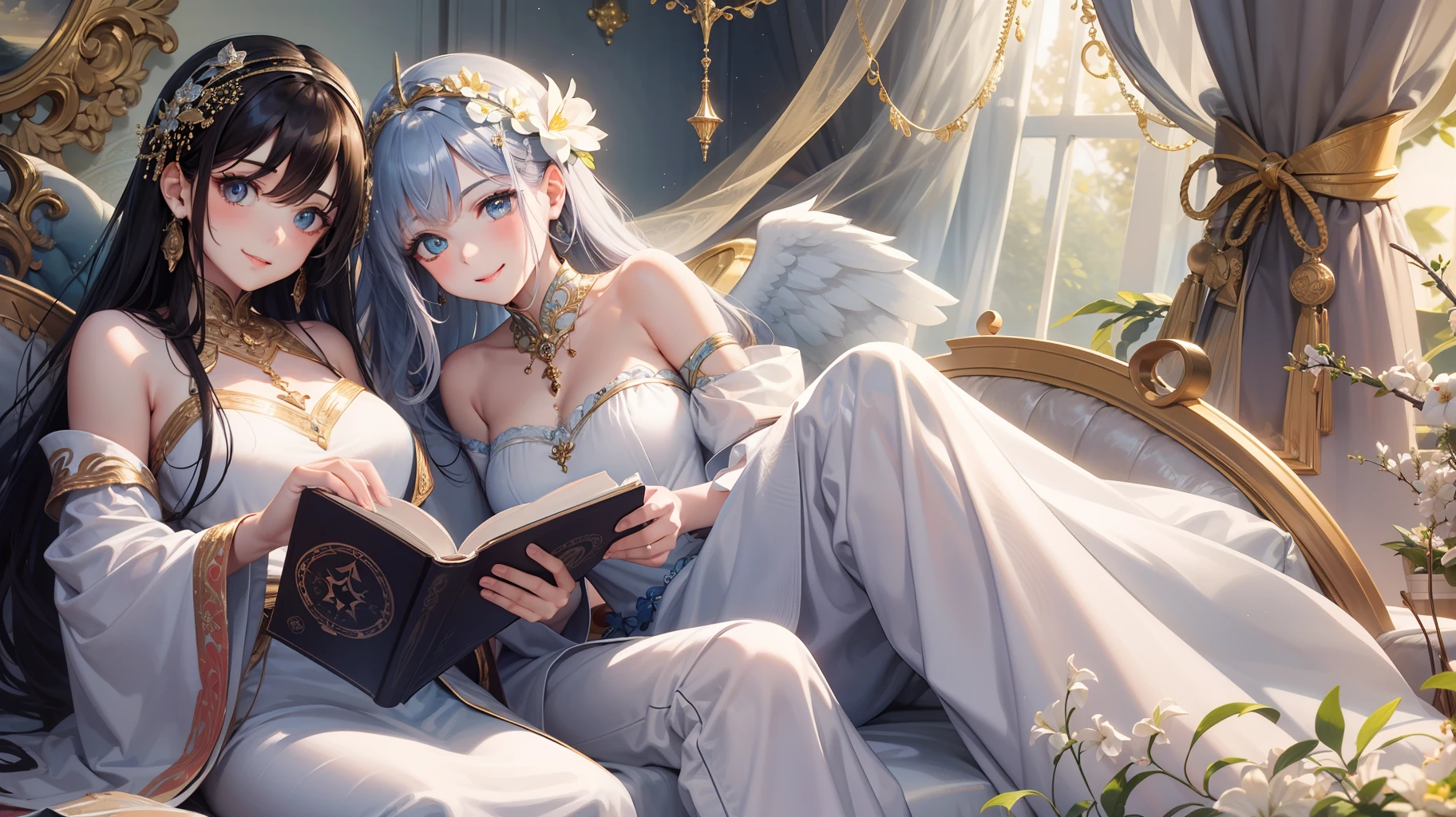 Beautiful angel with calm and relaxed attitude, Adorned with enchanting eyes, Flowing glowing hair shining with ethereal light. The image is、It is necessary to capture the graceful presence of the angel and the aura of divinity that surrounds her. Two smiling angels sitting on the sofa, Crazy about stretching your legs and reading a book. The composition should draw a side view, Angels look at viewers with warmth and joy.