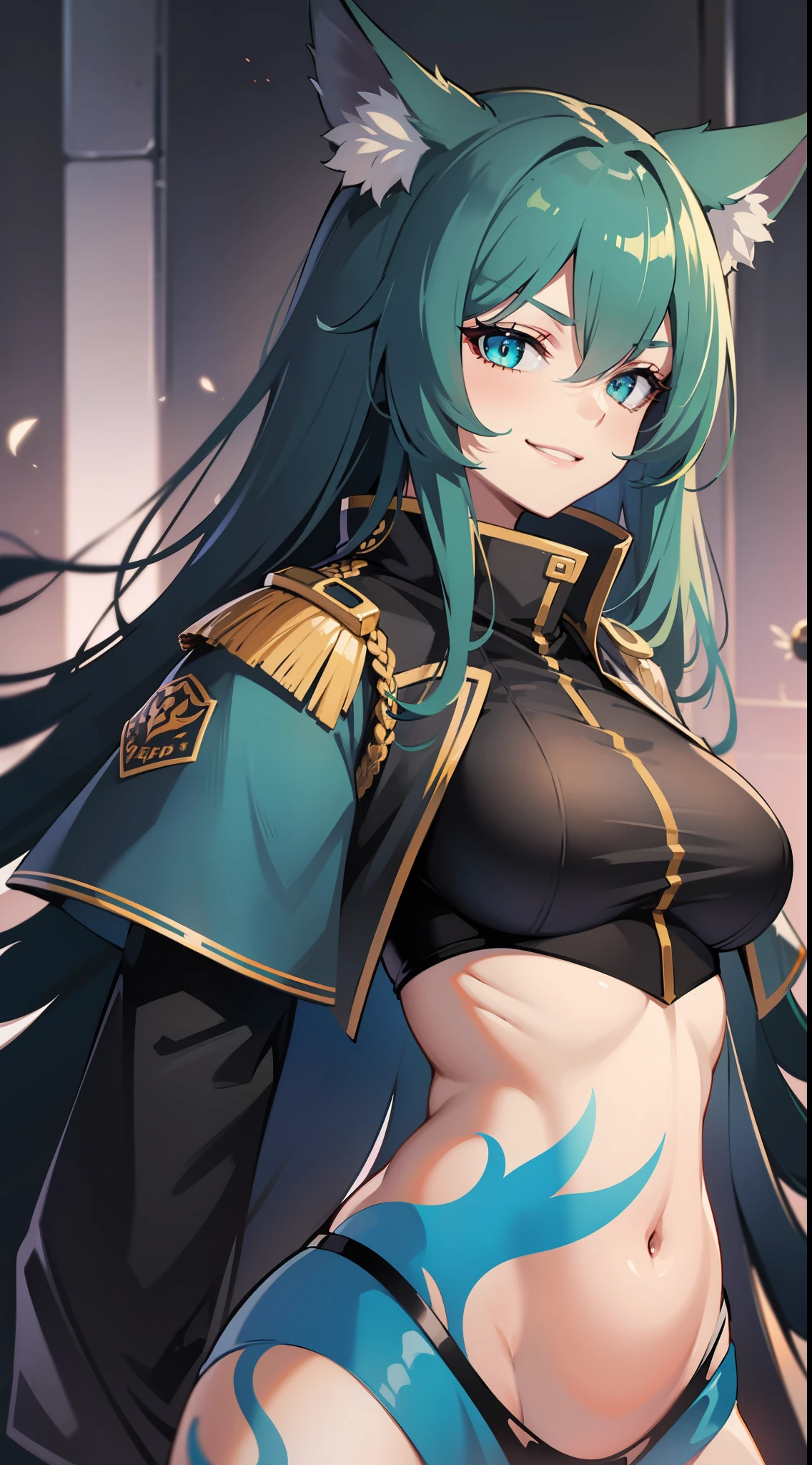 Tall girl, Long black hair, Fox ears, Cyan eyes, Combat uniform, open belly, smirk, Masterpiece, hiquality