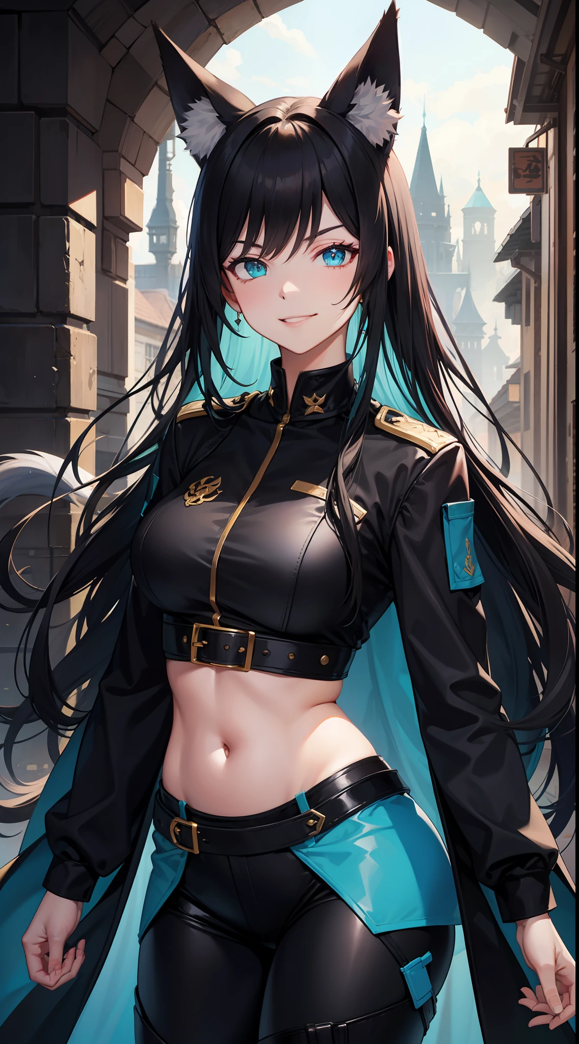 Tall girl, Long black hair, Fox ears, Cyan eyes, Combat uniform, open belly, smirk, Masterpiece, hiquality