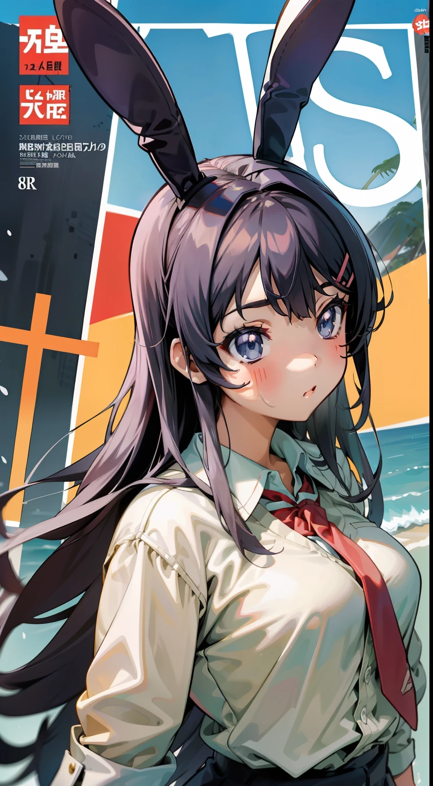 sakurajima mai,bunnygirl,校服，White shirt，conservative，With a touch of life，red necktie，Ocean park，Comic cover style，Comic cover title,8K