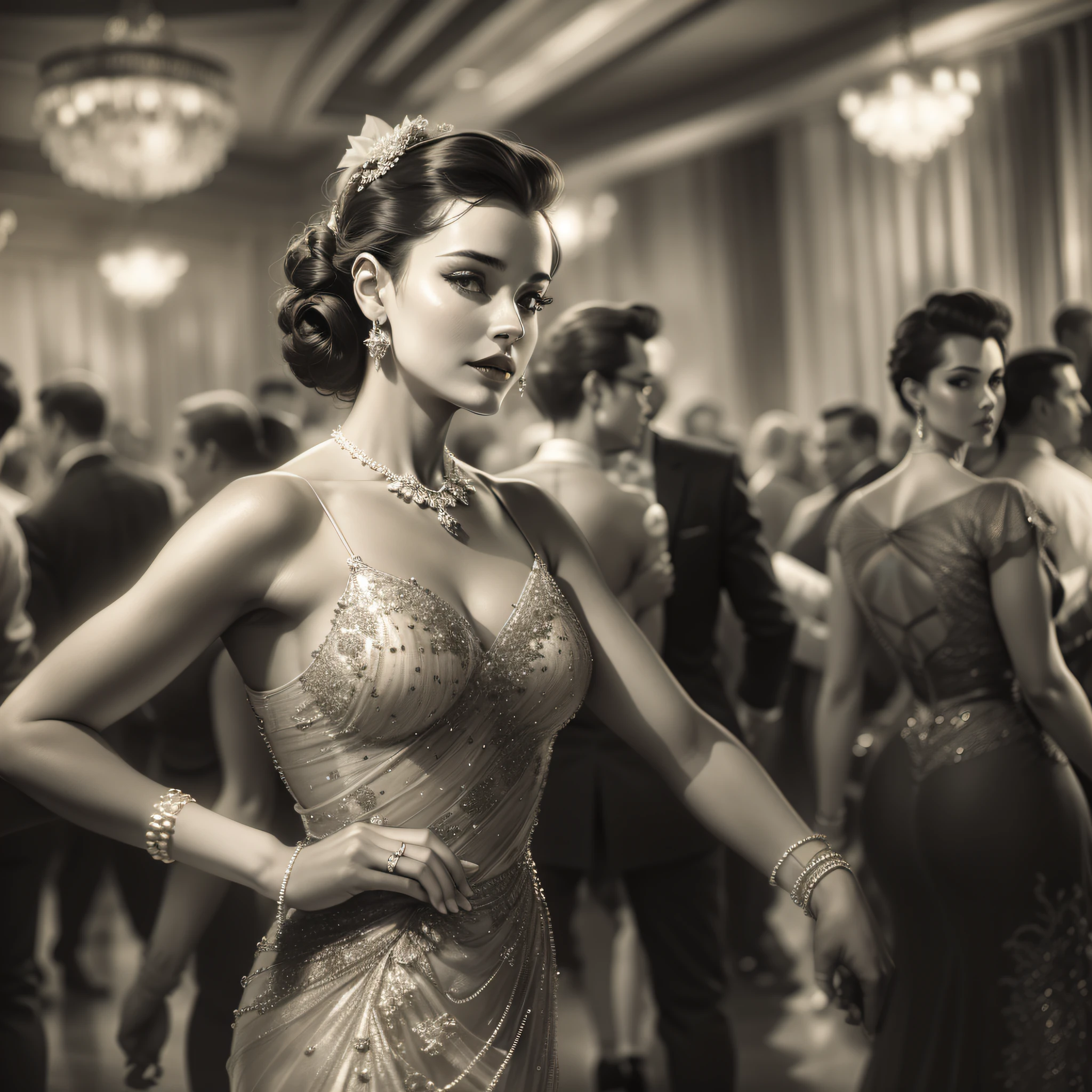 Uma mulher sofisticada em um baile dos anos 1950" Uma imagem de uma mulher glamourosa vestida com um deslumbrante vestido de baile dos anos 1950, Stretching elegantly across the ballroom dance floor. The image is styled with a vintage black and white filter, capturing the timeless elegance and charm of the high society nights of the time.