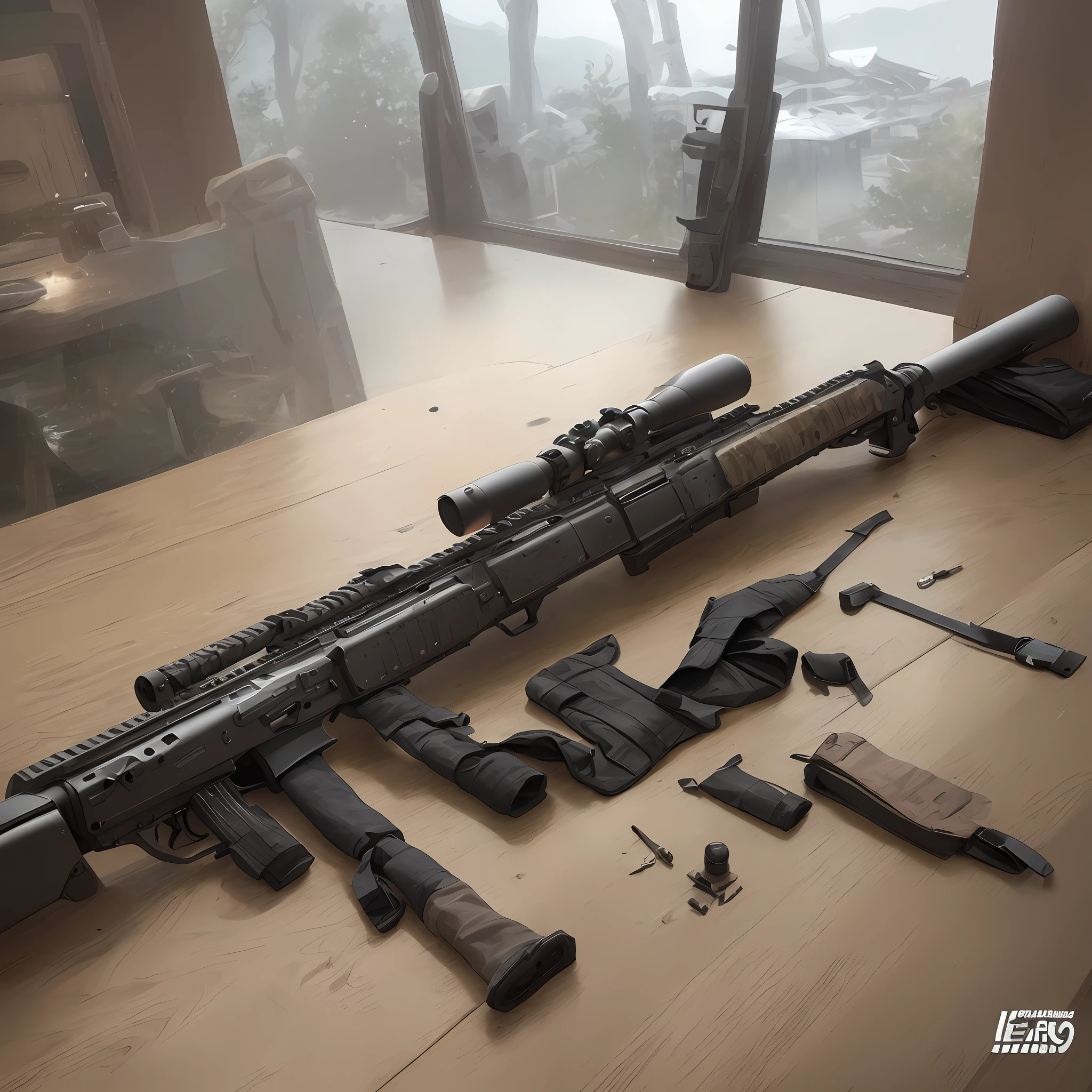 HK416 assault rifle,The gun opened the bracket and placed it on the table,A few rounds of 5.56×45 mm M855 armor-piercing projectile,log cabin,the lighting is subdued,Perfect shadow effect --auto