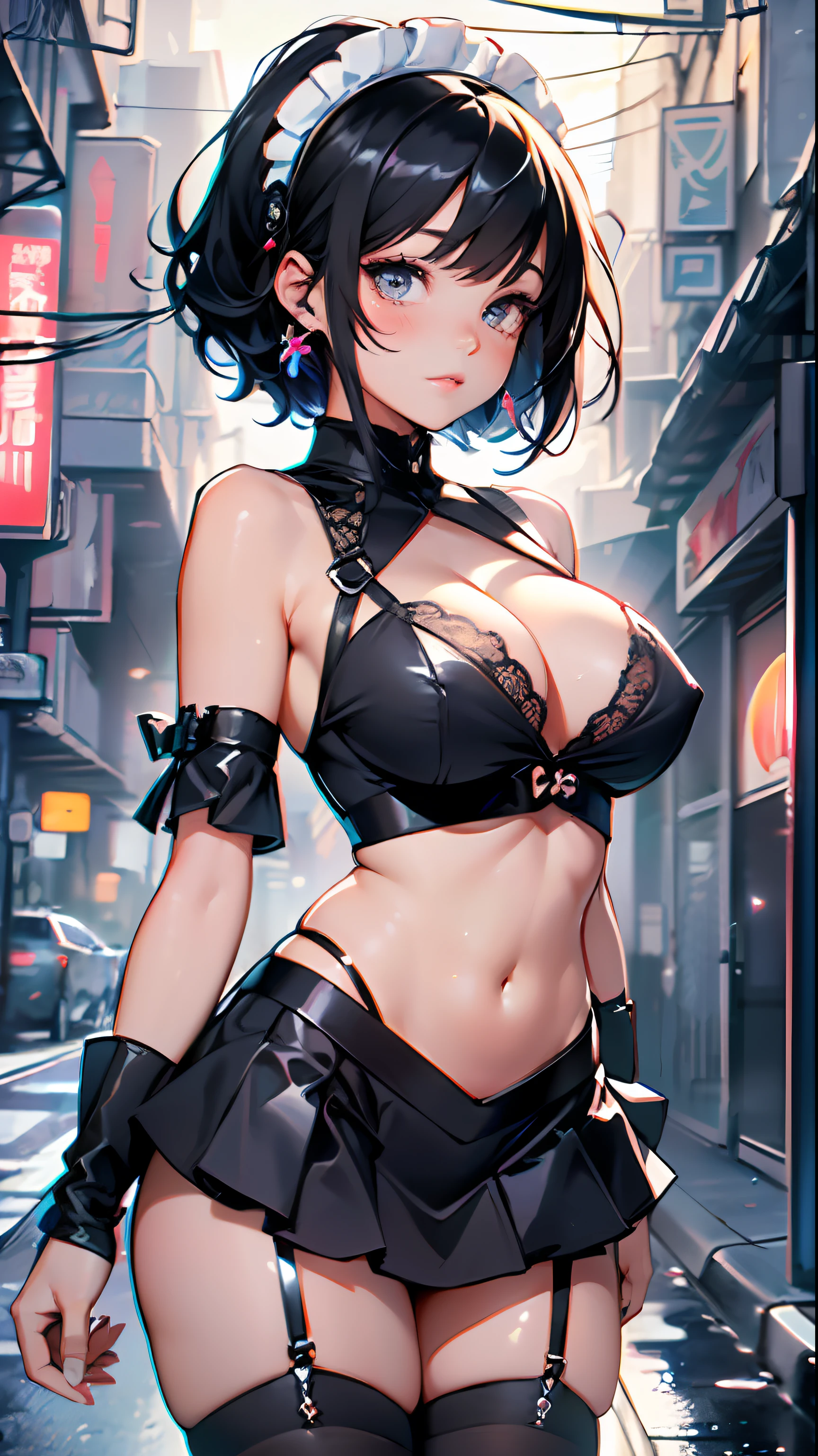 maid girl,(1girl:1.3),((anime maid girl with extremely cute and beautiful black hair walking seductively down the street)),
(large breasts:1.4),bountiful breasts, fluffy breasts, H cup bust, bust up, bulging bust top,(((black bob hair:1.35,colored inner hair,short hair, ear breathing))),((heterochromia, eye1 blue, eye2 purple, perfect eyes, upturned eyes:1.3, beautiful detailed eyes, finely detailed beautiful eyes:1, big highlight on eyes:1.2, slanted eyes)), (fat:1.2),(((lustrous skin:1.5,bright skin: 1.5,skin tanned,shiny skin,very shiny skin,shiny body,plastic glitter skin,exaggerated shiny skin))),(spider lower abdomen,narrow waist,wide hip,athletic body,inflated legs,delicate detailed fingers,detailed body,detailed arms,human hands, detailed hands),
cute,slutty,seductive,erotic,nsfw,
zettai ryouiki,(maid headdress), maid uniform, Headdress, (maid), sleeveless, mini skirt, boots, cleavage cutout, bare legs,clothes with a lot of lace frills,(detailed outfit,detailed clothes),
zettai ryouiki,
(dynamic pose:1.0),solo focus,embarrassed,blush, sweat, moist eyes,centered,scale to fit dimensions,Rule of thirds,
outdoors, ((night view)), (cyberpunk night street Background: 1.5,dark sky,alleyway,lonely alley,thick clouds, detailed background:1.25),
(best quality), (high resolution), (sharp focus), (ultra detailed), (extremely detailed), (extremely high quality artwork), 8k_wallpaper, (extremely detailed CG 8k),(very fine 8K CG), ((hyper super ultra detailed perfect piece)), flawless, (((masterpiece))), illustration, vibrant colors, (intricate), High contrast, Selective lighting, Double exposure, HDR (High Dynamic Range), Post-processing, Background blur,