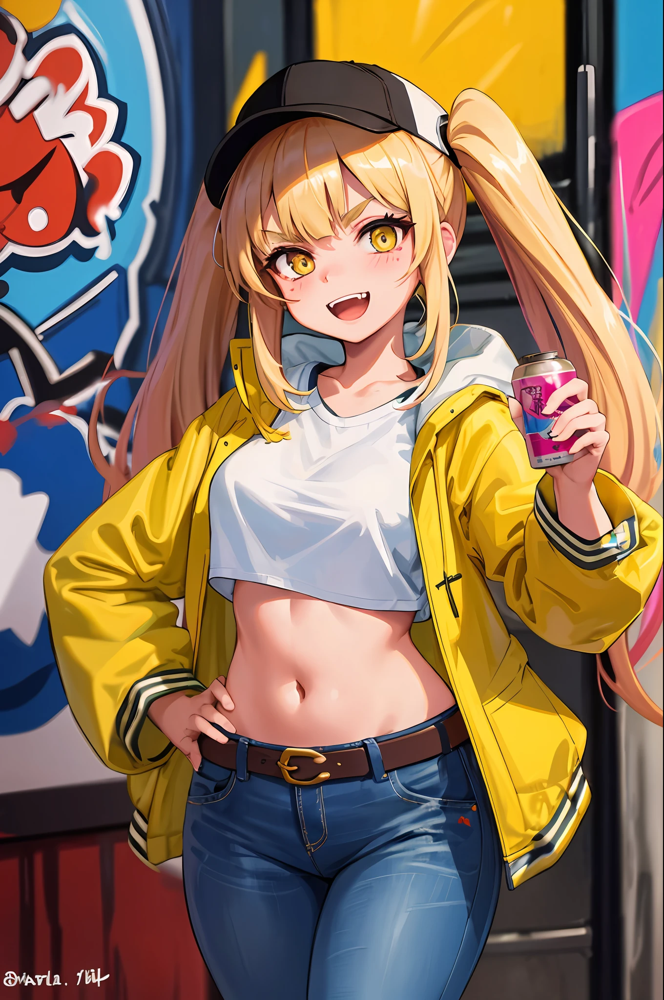 Original Character, Volumetric Lighting, Best Shadows, Shallow Depth of Field, Portrait Of Stunningly Beautiful Girl, Petite, Delicate Beautiful Attractive Face With Alluring Yellow Eyes, Messy Painted Face, Sharp Eyebrows, Broadly Smiling, Open Mouth, Fangs Out, Lovely Medium Breasts, Layered Long Twintail Blond Hair, Blush Eyeshadow, Thick Eyelashes, Applejack Hat, Oversized Pop Jacket, Mini Underboob Tee, Open Navel, Slim Waist, Denim Jeans Pants, With Buckle Belt, In The Graffiti Alley, Waste Container, Outside Stairs, Outdoor Unit, Holding Spray Paint Can, Standing, (Highest Quality, Amazing Details:1.25), (Solo:1.3), Brilliant Colorful Paintings