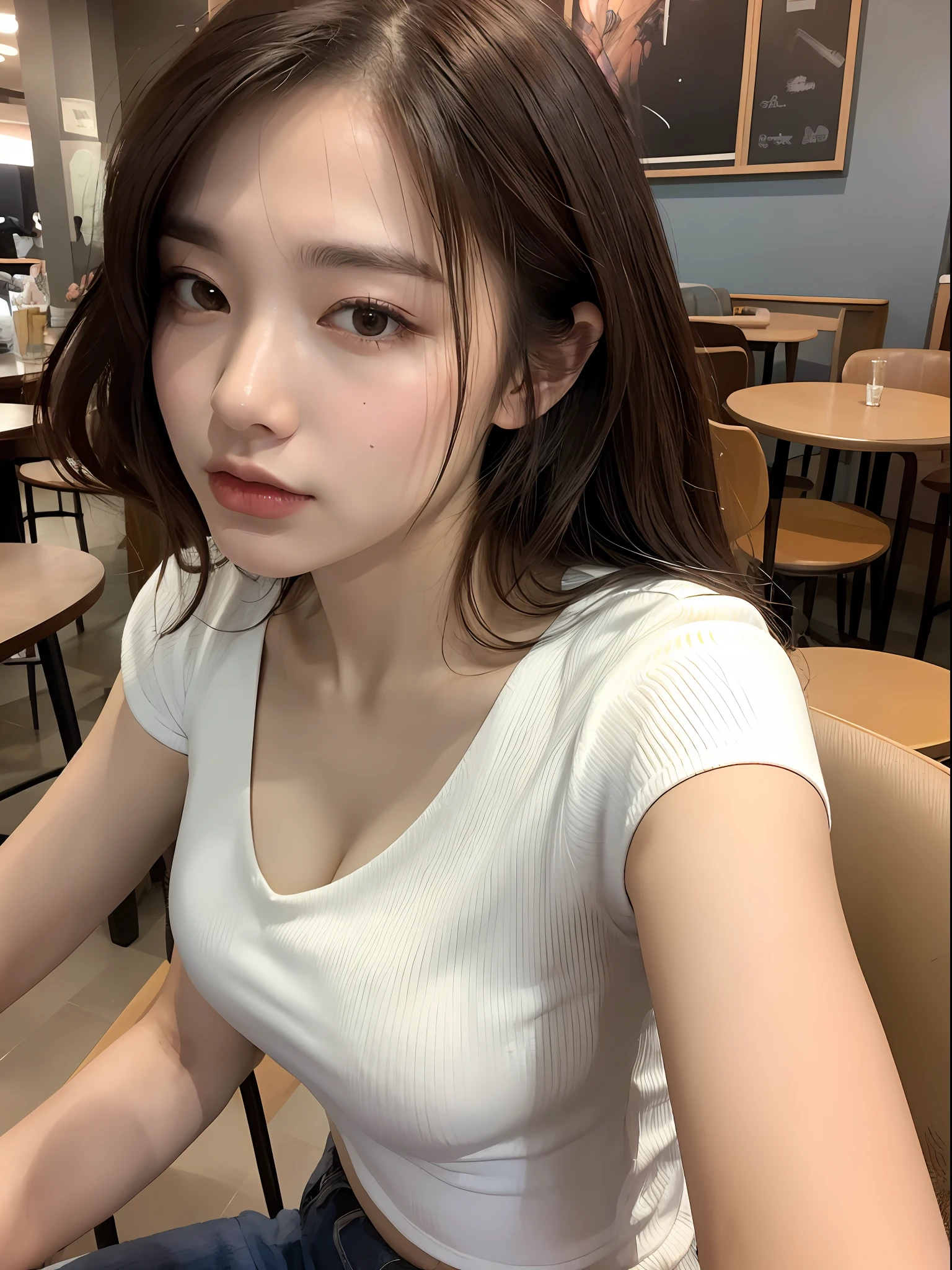 ((, Excellent, 8k, Masterpiece: 1.3)), 1 female, upper body, confident, (selfie: 1.5), white T-shirt, focal length: 1.2, slender abs: 1.1, (dark brown hair )), (sitting in chair: 1.2), ((café: 1.3)), highly detailed face and skin texture,