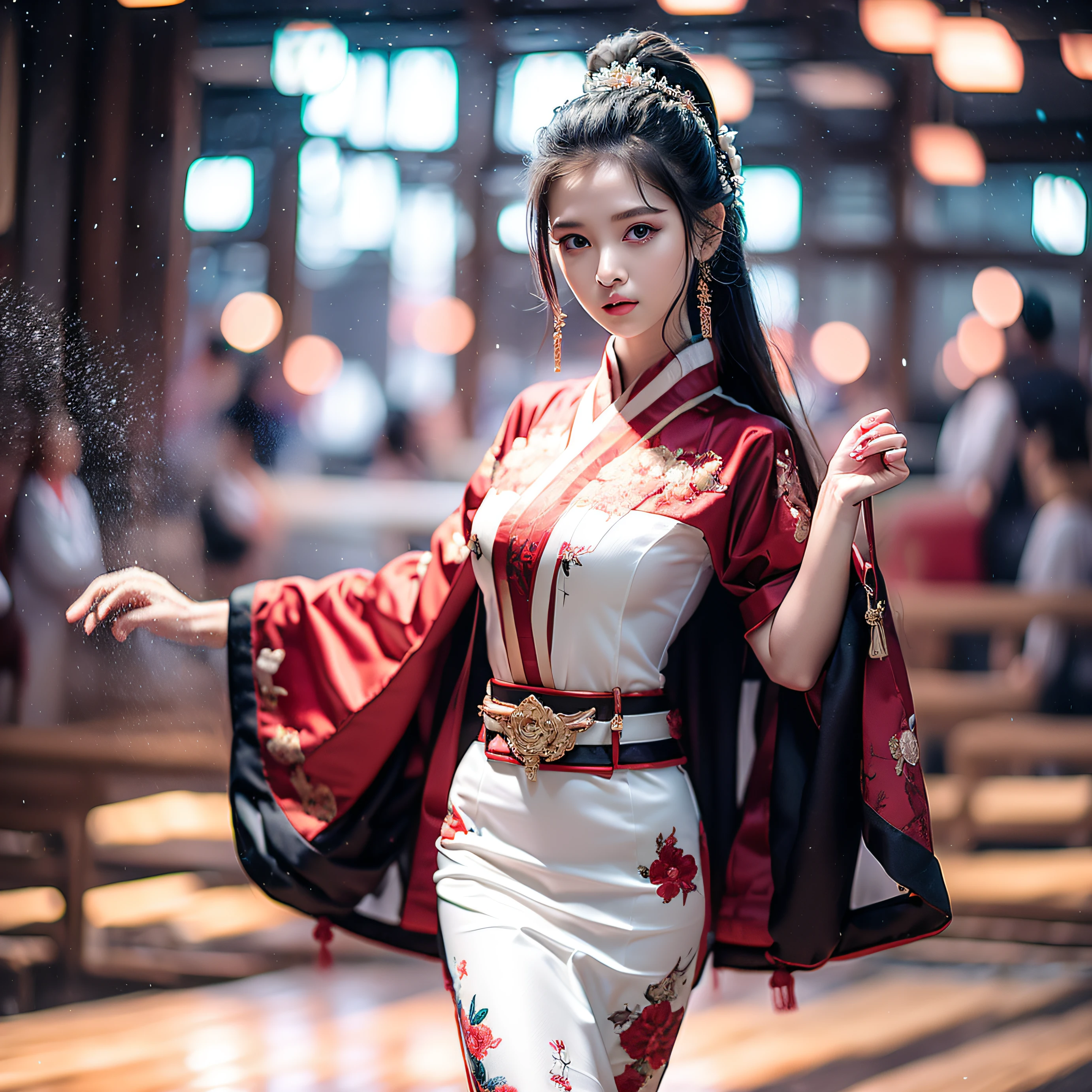 ((((An extremely delicate and beautiful work)))), A masterpiece, Beautiful girl, (Proper posture), (facial closeups), (15year old, adolable), Front half, facing the front there, ((Keep one's mouth shut))(Realistic facial features)(exquisite facial features), (Meticulous background portrayal), (the watercolor style), China-style, ancient wind, Republican style, Small family jasper, Beautiful and delicate girl, little tsundere, Black apricot eyes with vertical pupils, Clear eyes, long eyelasher, White cheeks, Moisturizes skin, Goose egg face, Glossy grapefruit lip stain, sparkling, Black clean short hair, Partially braided, Shiny crystal beads, pearls, Flowers, dew, fog atmosphere, Beautiful, Simple white round neck light pink hanfu short jacket, Republic of China costumes, Short jacket, Rounded wide sleeves, Yarn tent, Spring rain, Gangnam spring color, freshen, long eyelasher, Light, Thick coating, Colorful light and shadow, frontage, god rays, blending, ccurate --auto