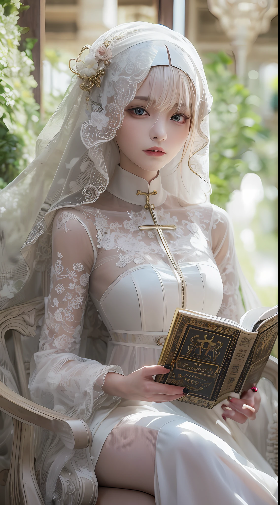 Close-up of a doll holding a book in a chair,fully body photo,The is very detailed,guweiz masterpiece, Guviz-style artwork, a stunning young ethereal figure, Hall,dreamy and detailed, Ethereal!!! Ultra photo realsisim,lewd nun,A look of disdain,Lift up some skirts,Beth,ball jointed doll, white hime cut hairstyle,Has amazingly deep eyes,Beautiful character painting,The Lost Book of Magic,white beautiful hair,There are vines with arabesques