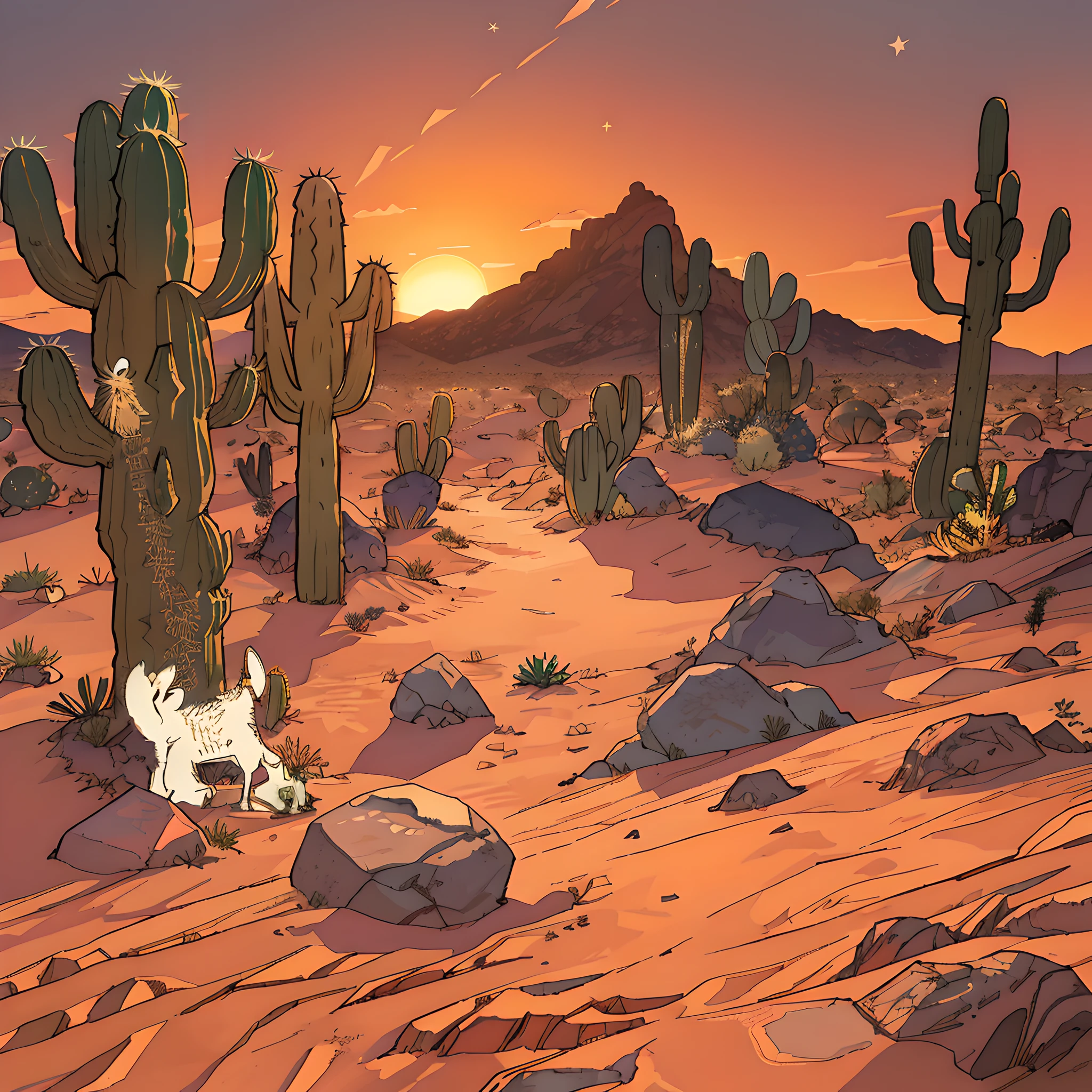cartoon of a desert with cactus trees and rocks and a dog, new mexican desert background, desert wasteland, peyote cactus desert, desert environment, background artwork, desert scene, desert background, desert composition, background art, crystal desert, desert scenery, desert, mexican desert, sunset in the desert, arizona desert, flat desert, desert landscape, desert in the background