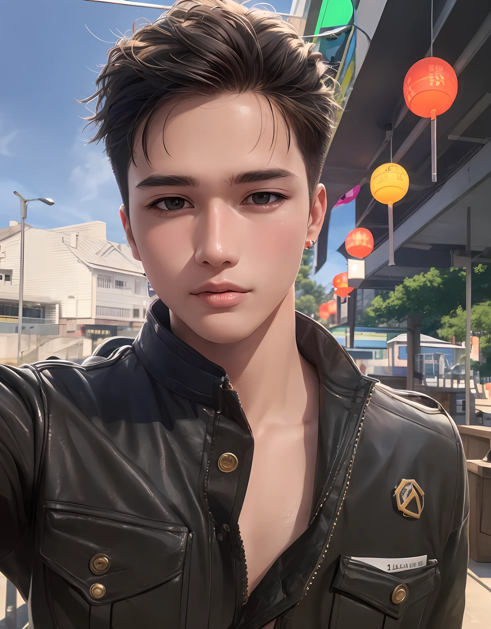 Best quality, masterpiece, super high resolution, (realistic: 1.4), original photo, wallpaper, head photo, skin, simple background, black eyes, detail, selfie, 1 boy, 18 years old, handsome, breeze, sunshine, playground