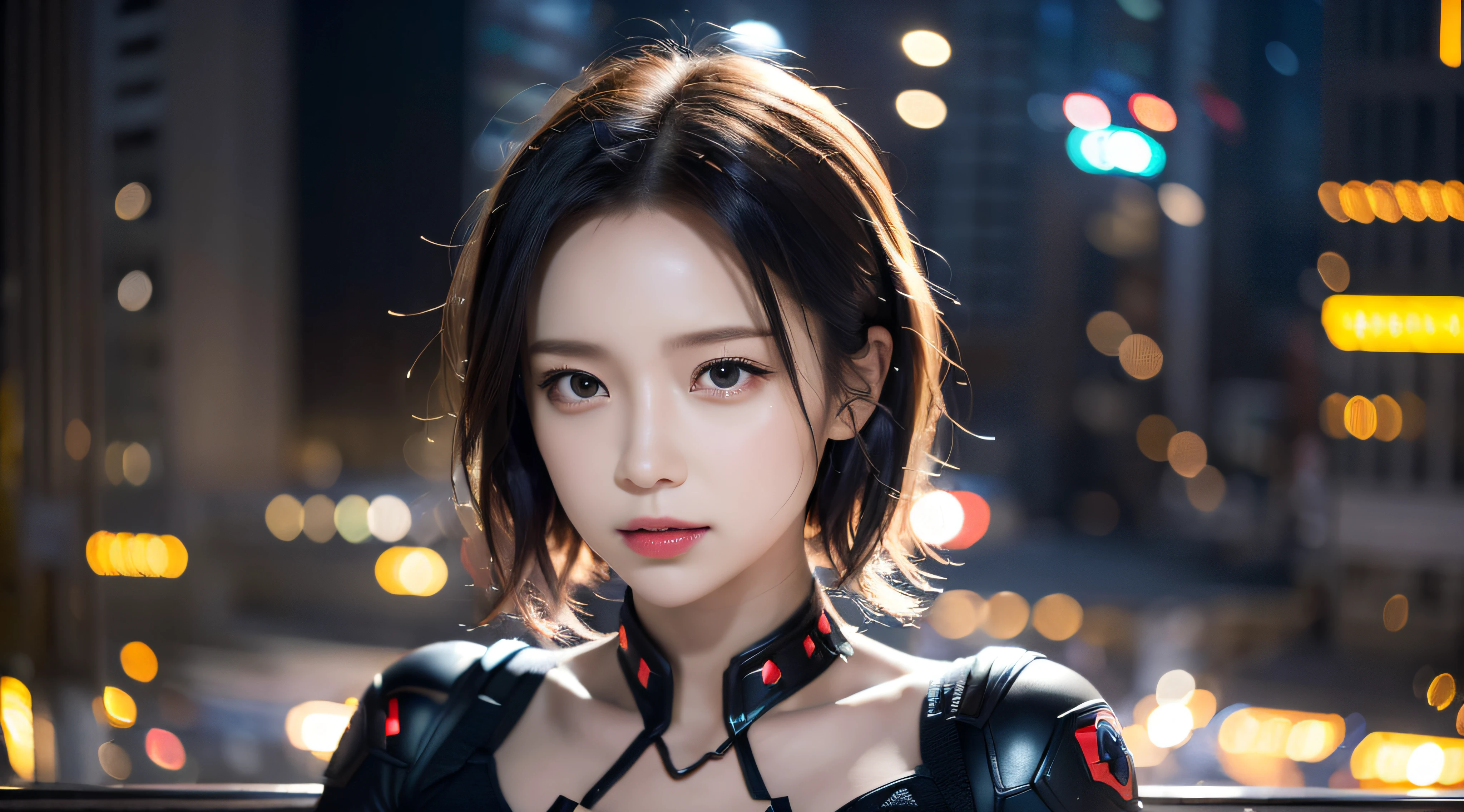 (8K,RAW photos,超高分辨率,best qualtiy,tmasterpiece:1.2),(photorealistic illustration),(Extremely detailed CG unifies 8K, 8K, Diamond, and Wallpaper),absurderes, 1个Giant Breast Girl,Marvel,beauitful face,Black Widow,short detailed hair,Whole body diagram,nigth,Rooftop,salama,Bokeh background
